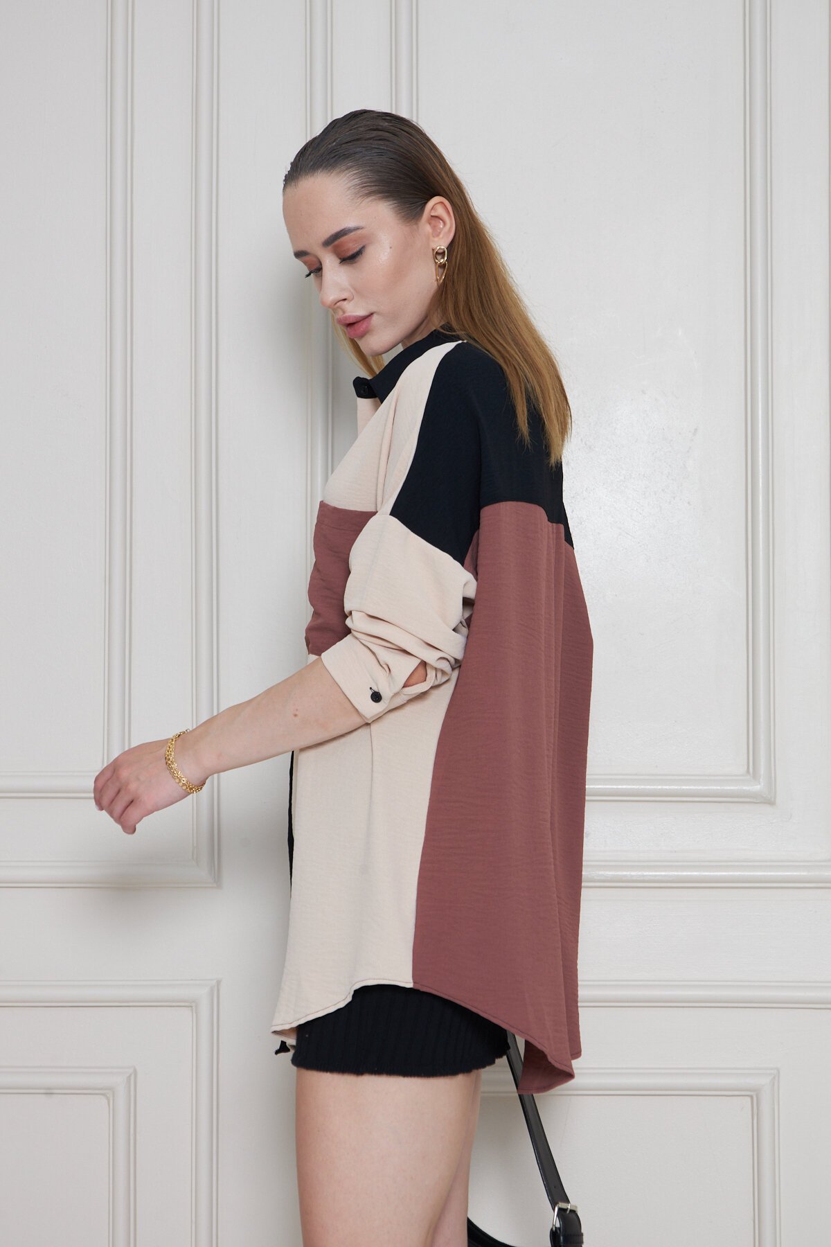 Flowy Long-Back Long-Sleeve Shirt Tunic - Black Beige Dried Rose - Pasaklı Giyim