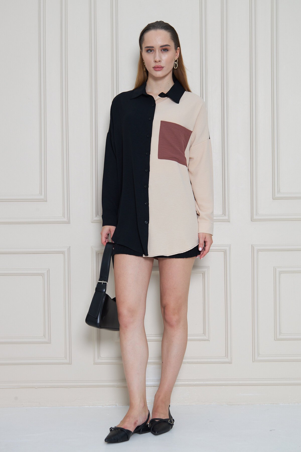 Flowy Long-Back Long-Sleeve Shirt Tunic - Black Beige Dried Rose - Pasaklı Giyim