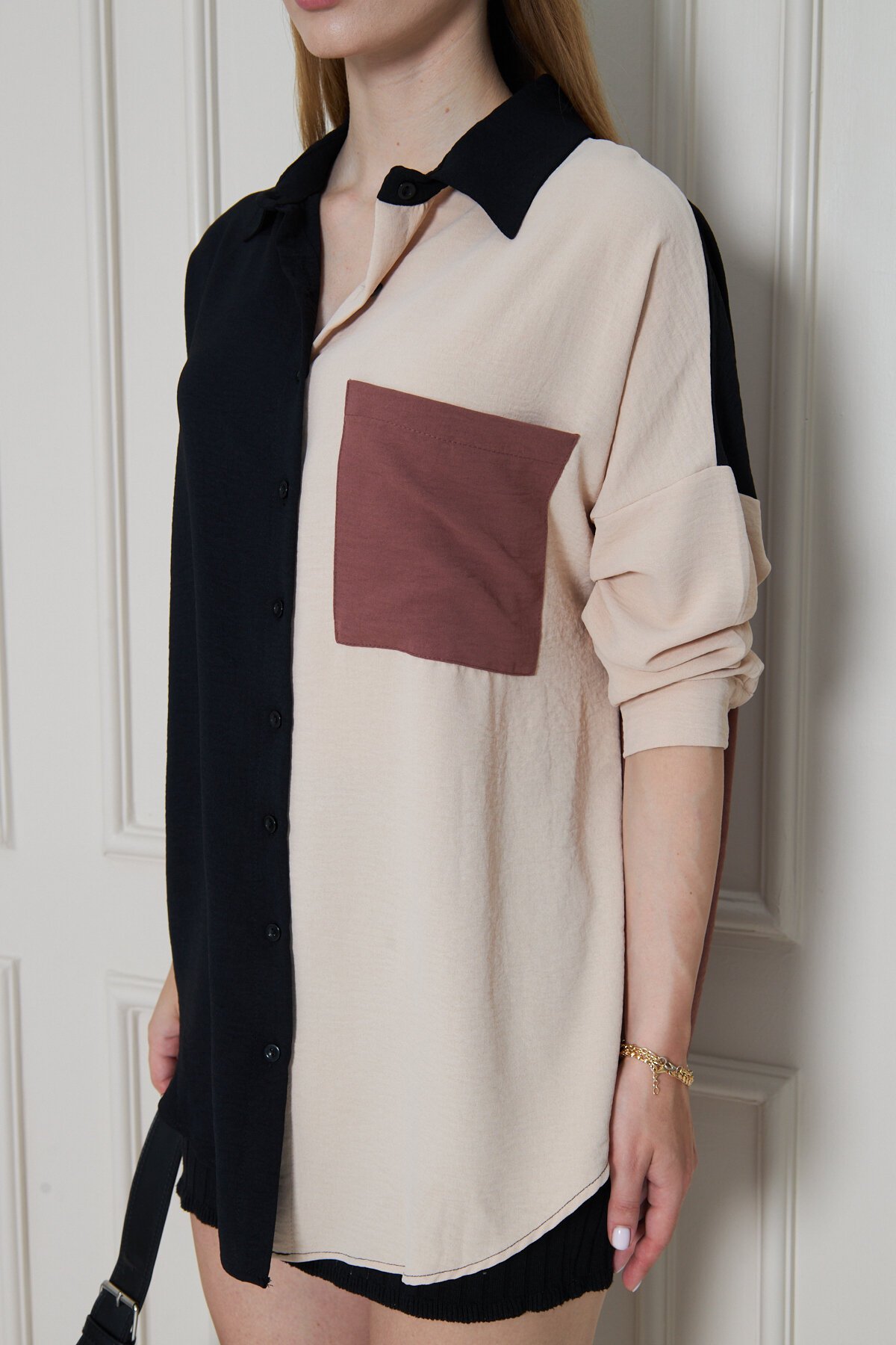 Flowy Long-Back Long-Sleeve Shirt Tunic - Black Beige Dried Rose - Pasaklı Giyim
