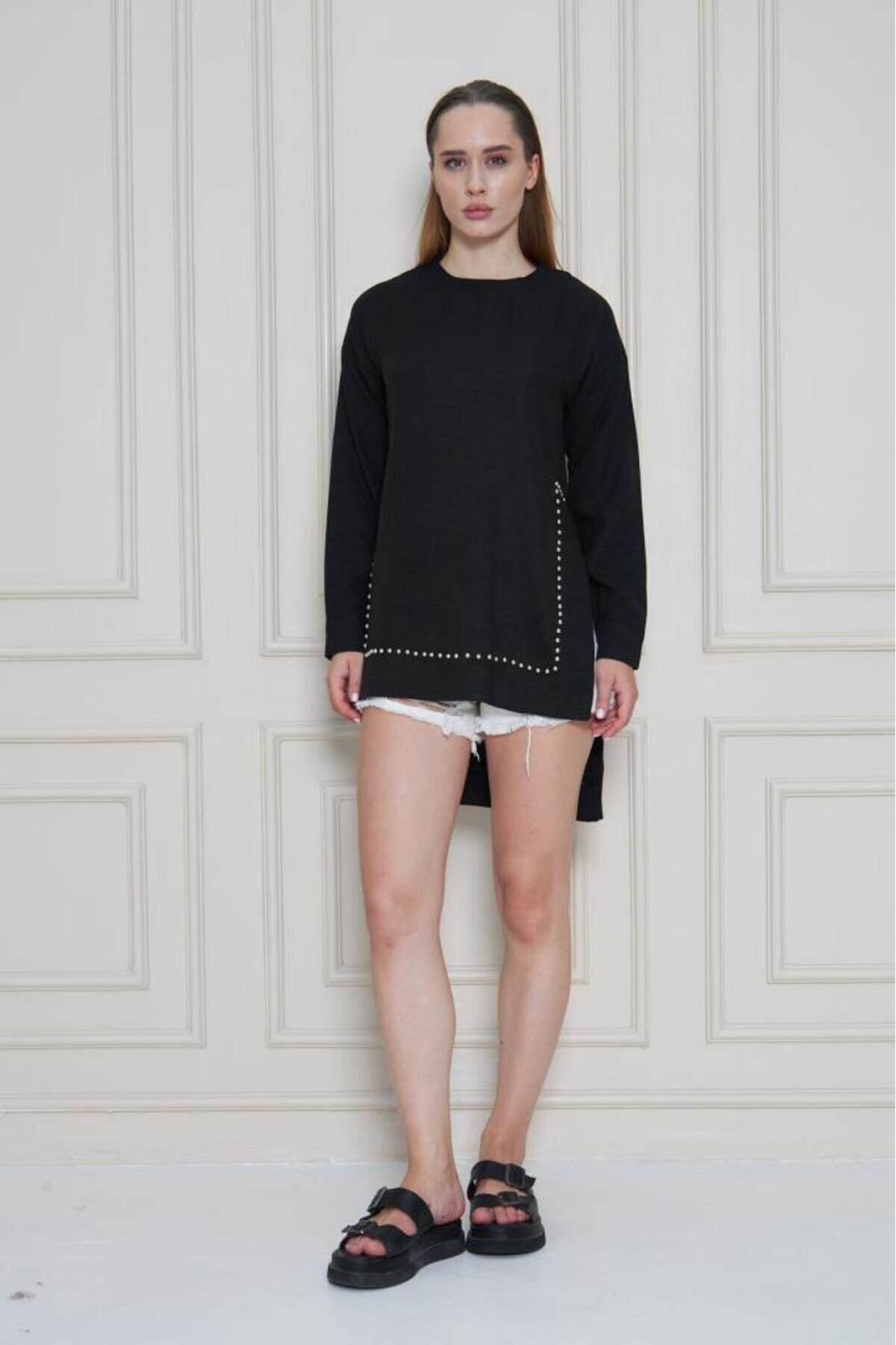 Long-Sleeve Premium Bamboo Linen Pearl-Embellished Tunic - Black - Pasaklı Giyim