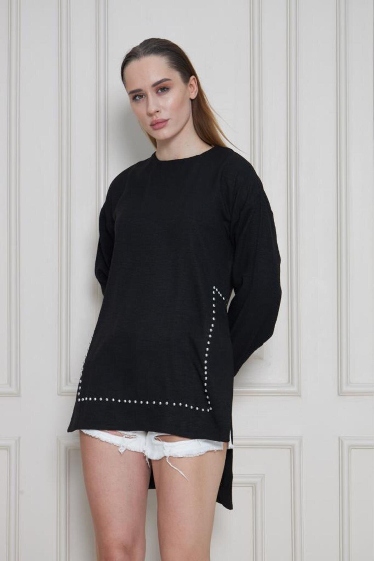 Long-Sleeve Premium Bamboo Linen Pearl-Embellished Tunic - Black - Pasaklı Giyim