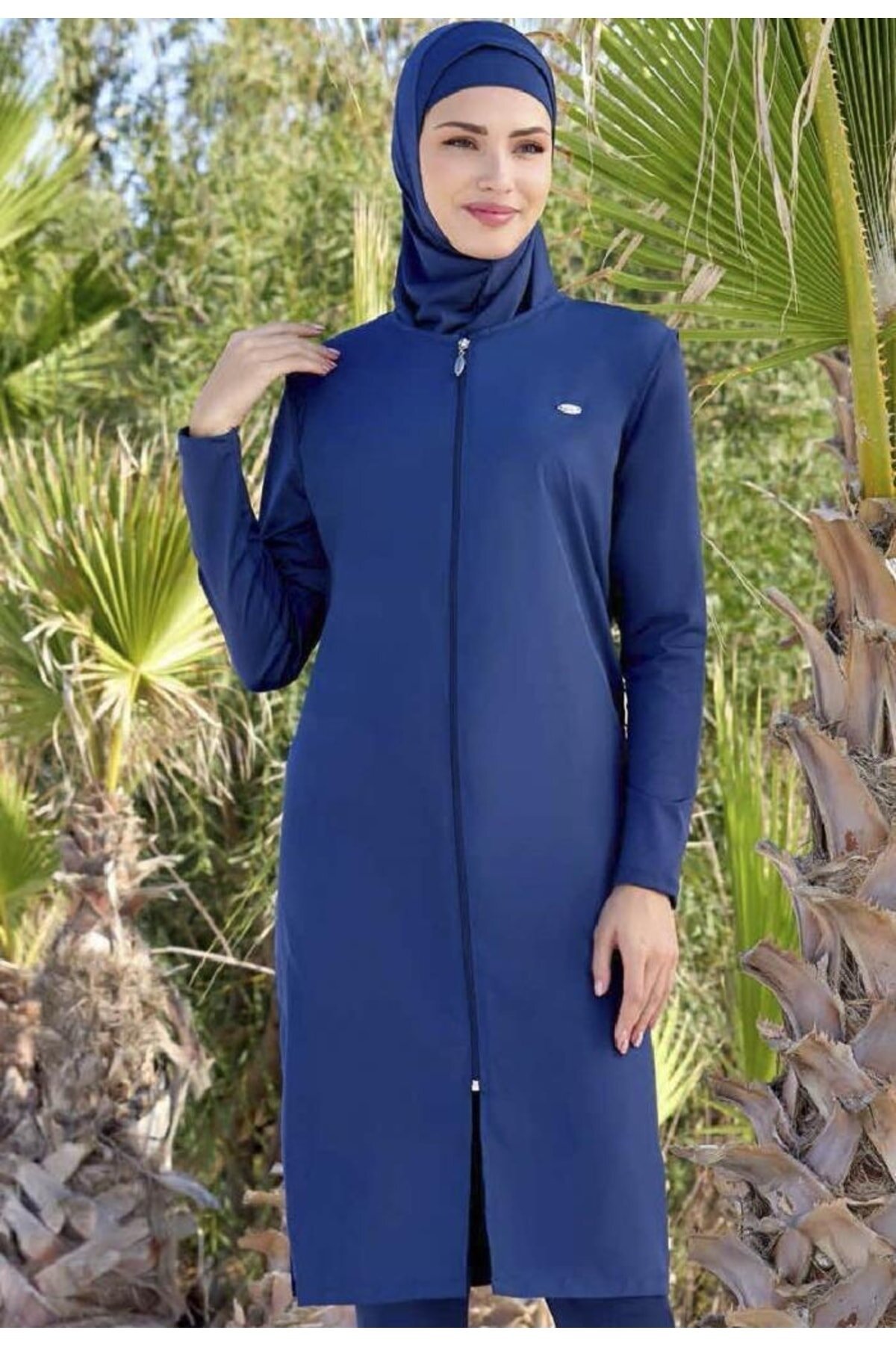 Lacivert Tam Boy Likralı Kol Detaylı Tam Kapalı Mayo - Seamay