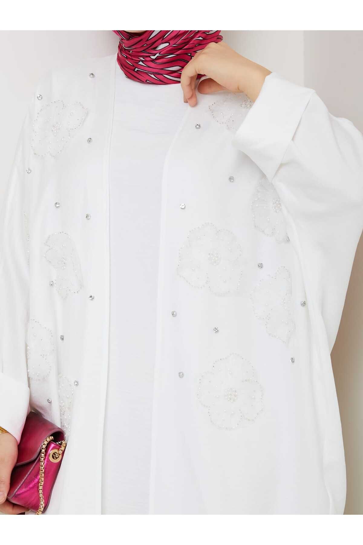 Beyaz Çiçekli Boncuklu İkili Kimono Takım - Shirosa