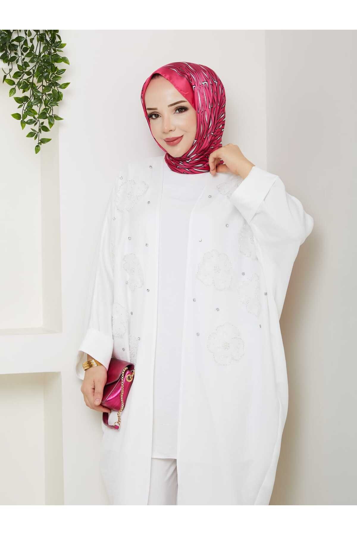 Beyaz Çiçekli Boncuklu İkili Kimono Takım - Shirosa