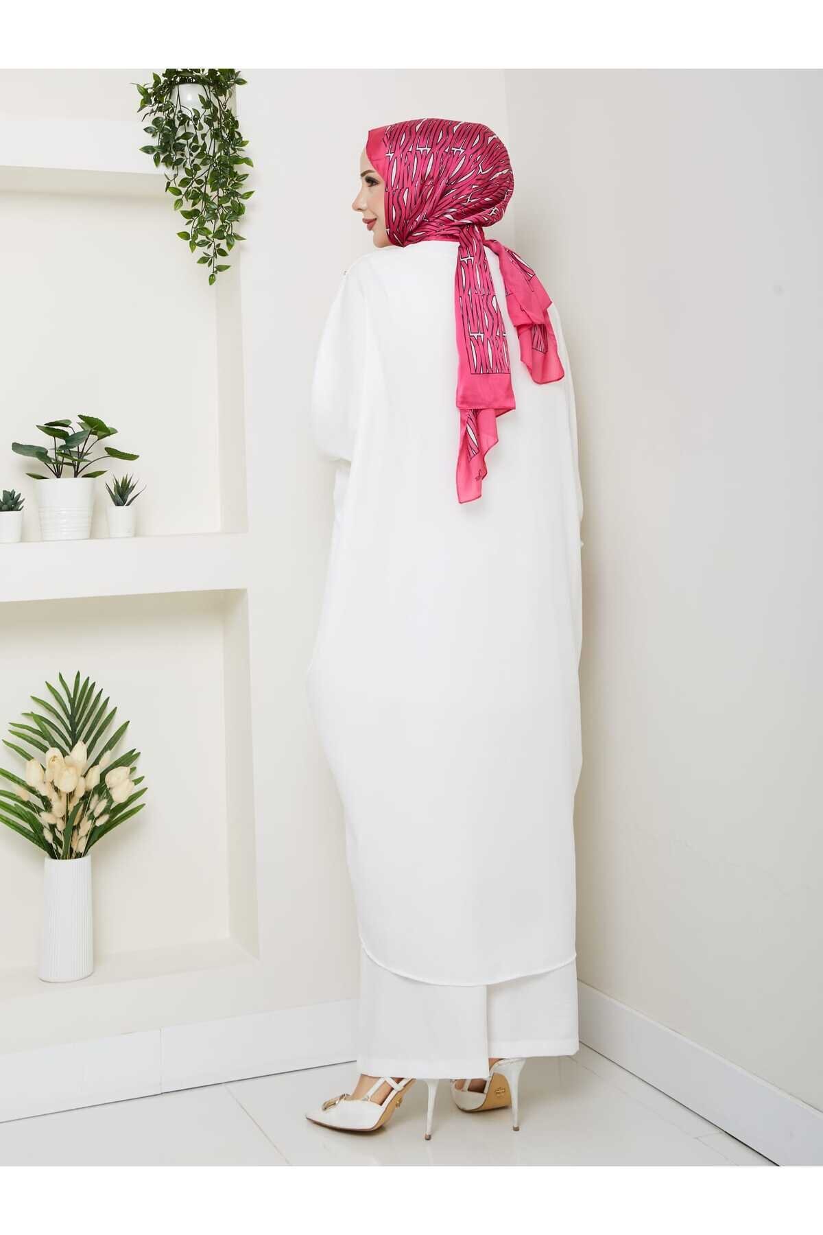 Beyaz Çiçekli Boncuklu İkili Kimono Takım - Shirosa