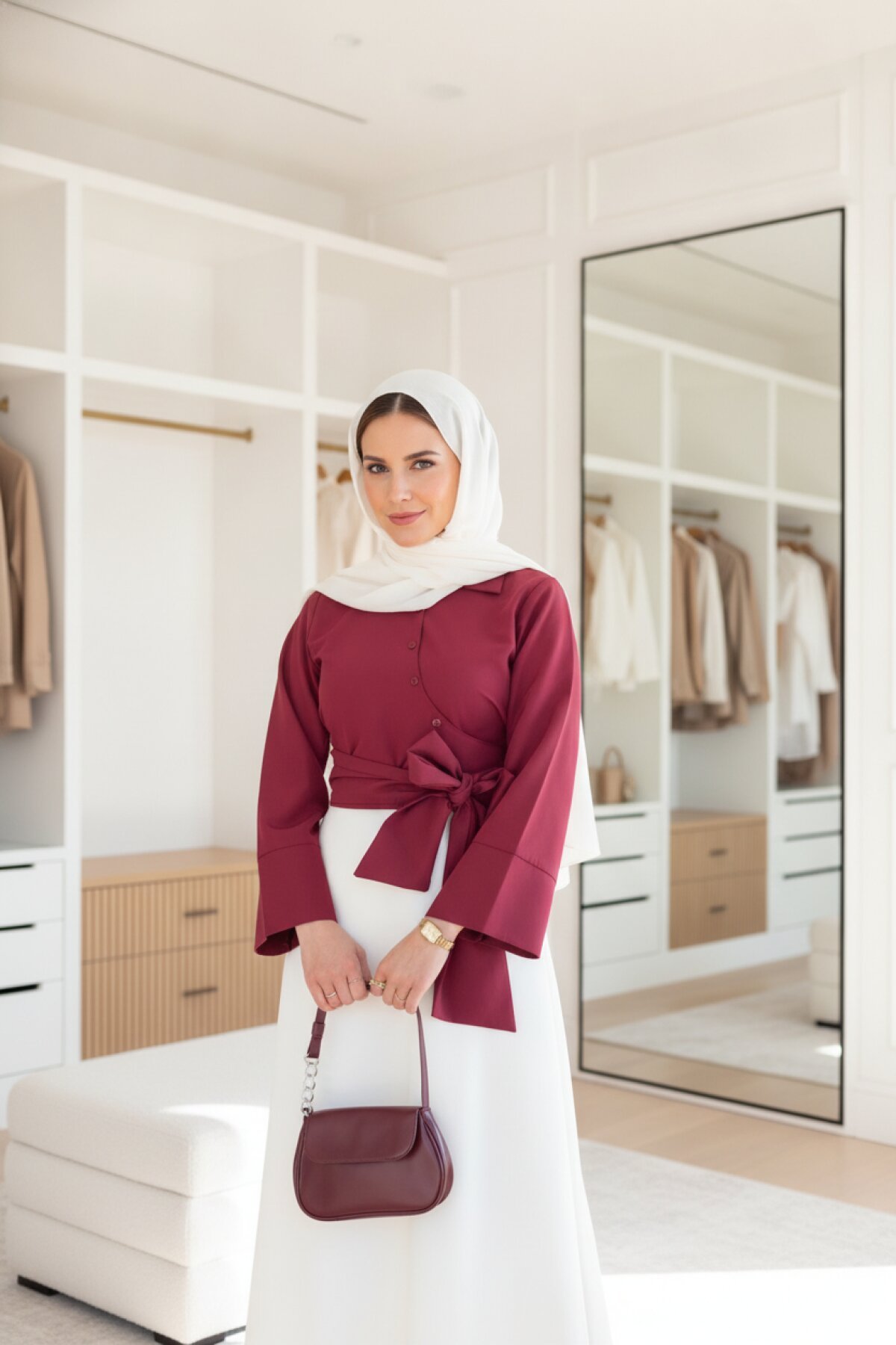 Bordo Asimetrik Fiyonk Detaylı Gömlek - Shirosa