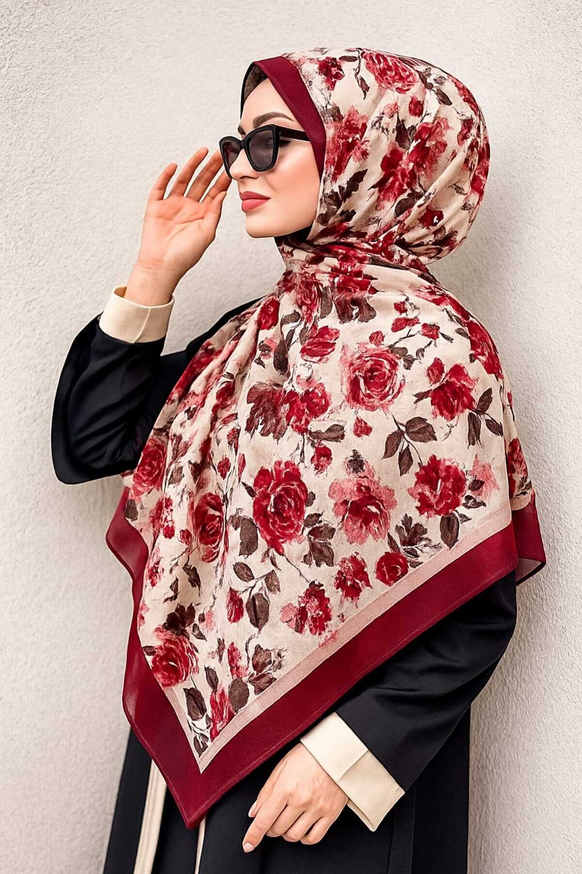 Bordo Çiçek Desenli Pamuk Şal - Shirosa