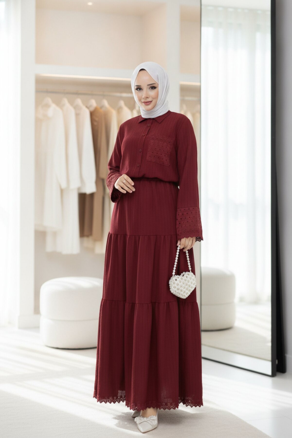 Bordo Dantel Detaylı İkili Takım - Shirosa