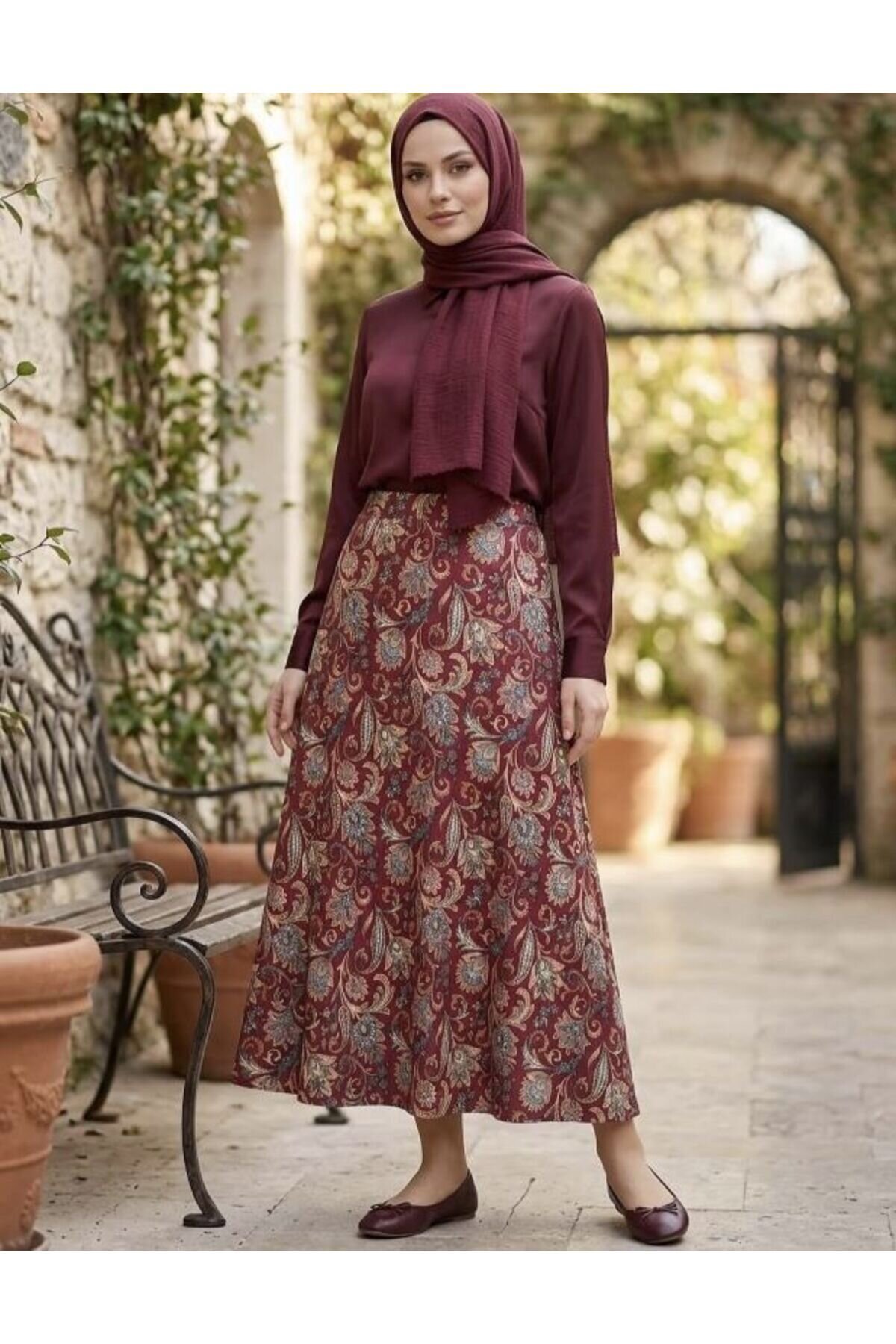 Bordo Desenli Etek - Shirosa