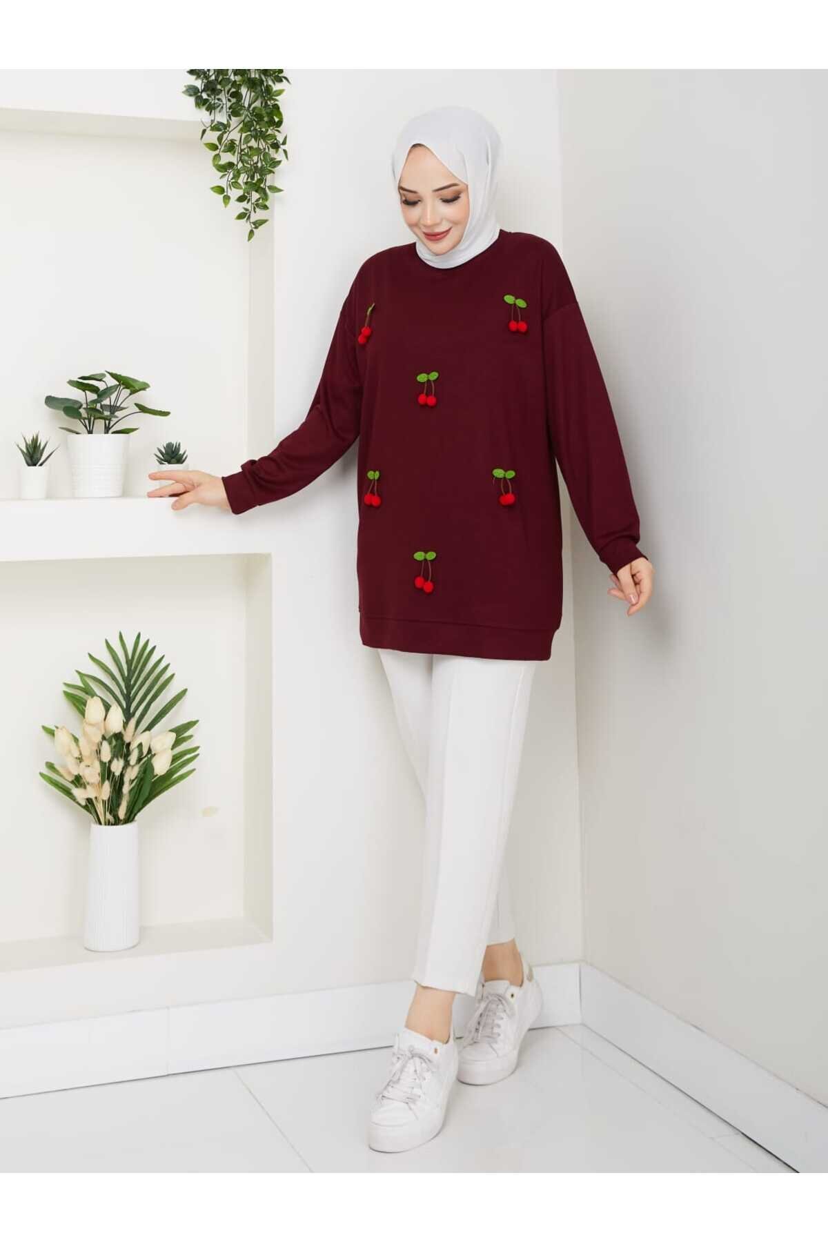 Bordo İki İplik Kirazlı Tunik - Shirosa