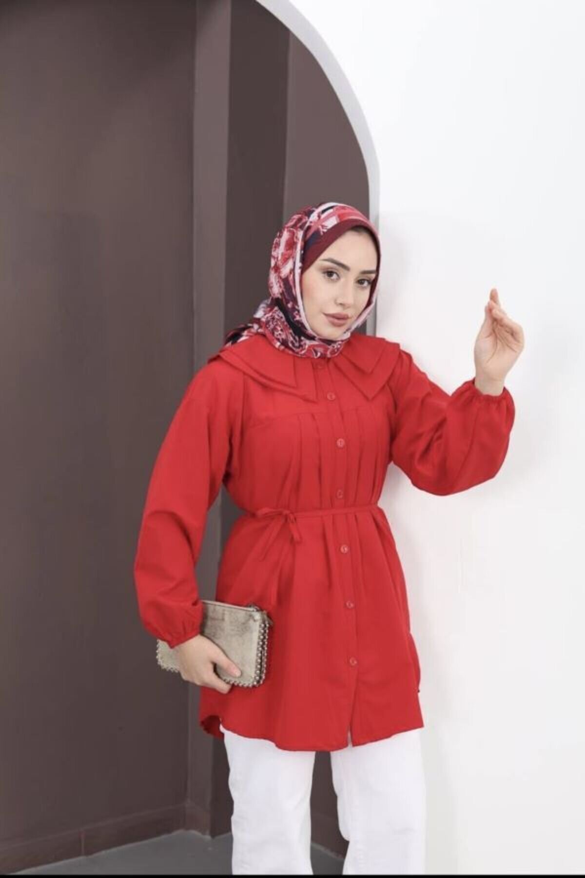 Kırmızı Pilili Çift Yakalı Tunik - Shirosa
