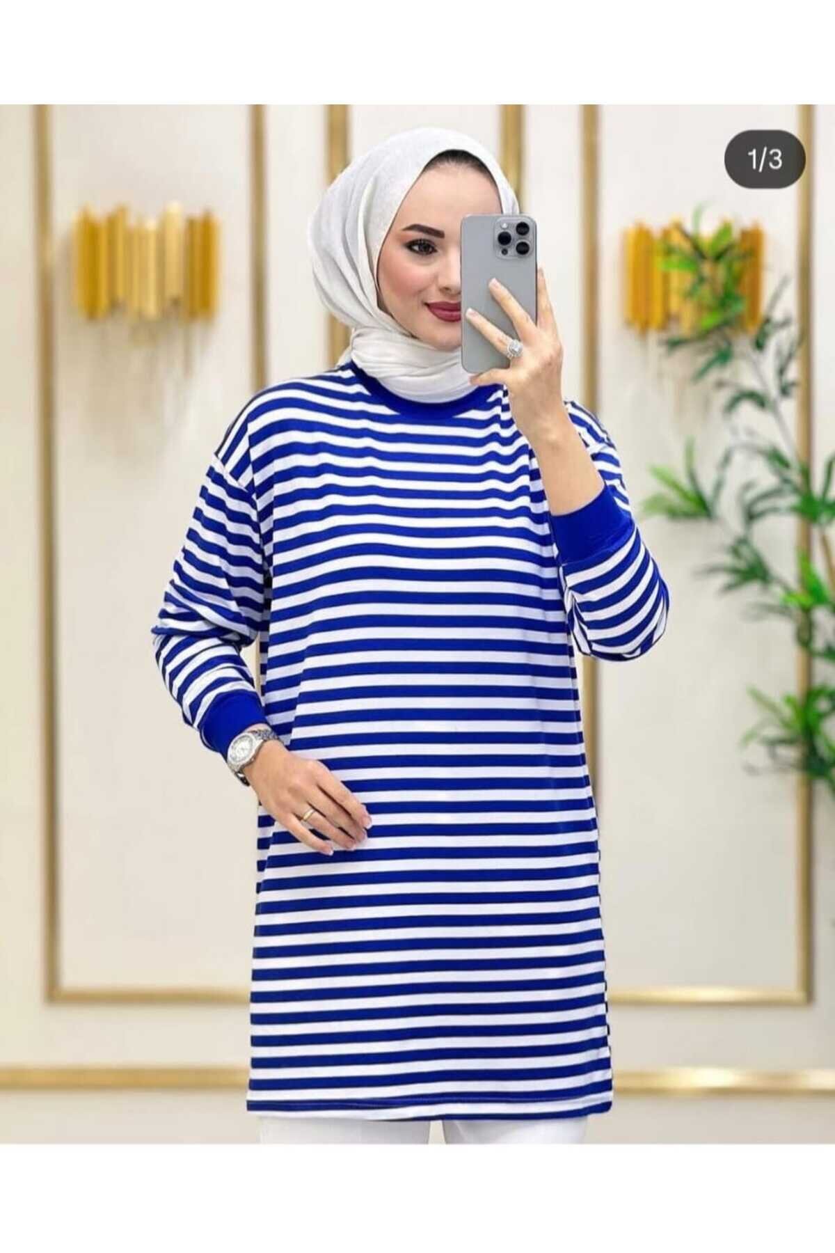 Lacivert Çizgili Penye Tunik - Shirosa