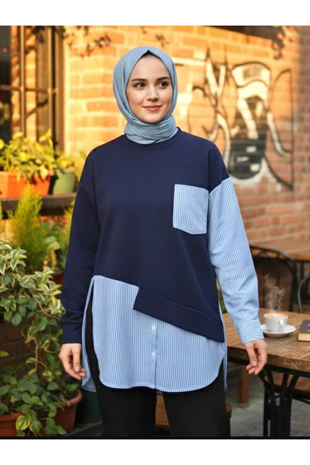 Lacivert Garni Detaylı Penye Tunik - Shirosa