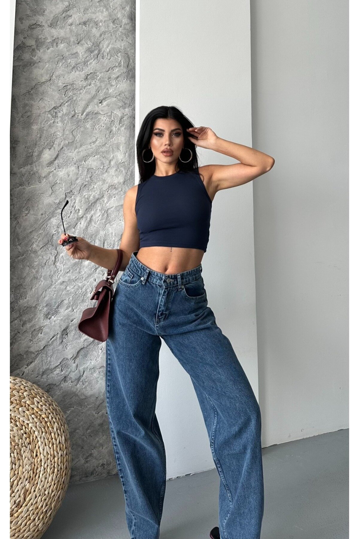 Lacivert Palazzo Denim Pantolon - Shirosa