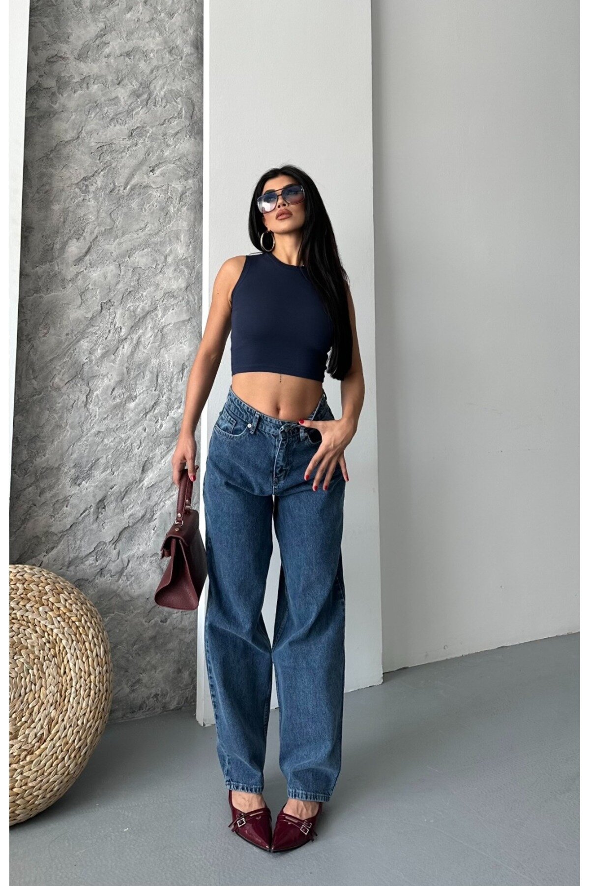 Lacivert Palazzo Denim Pantolon - Shirosa