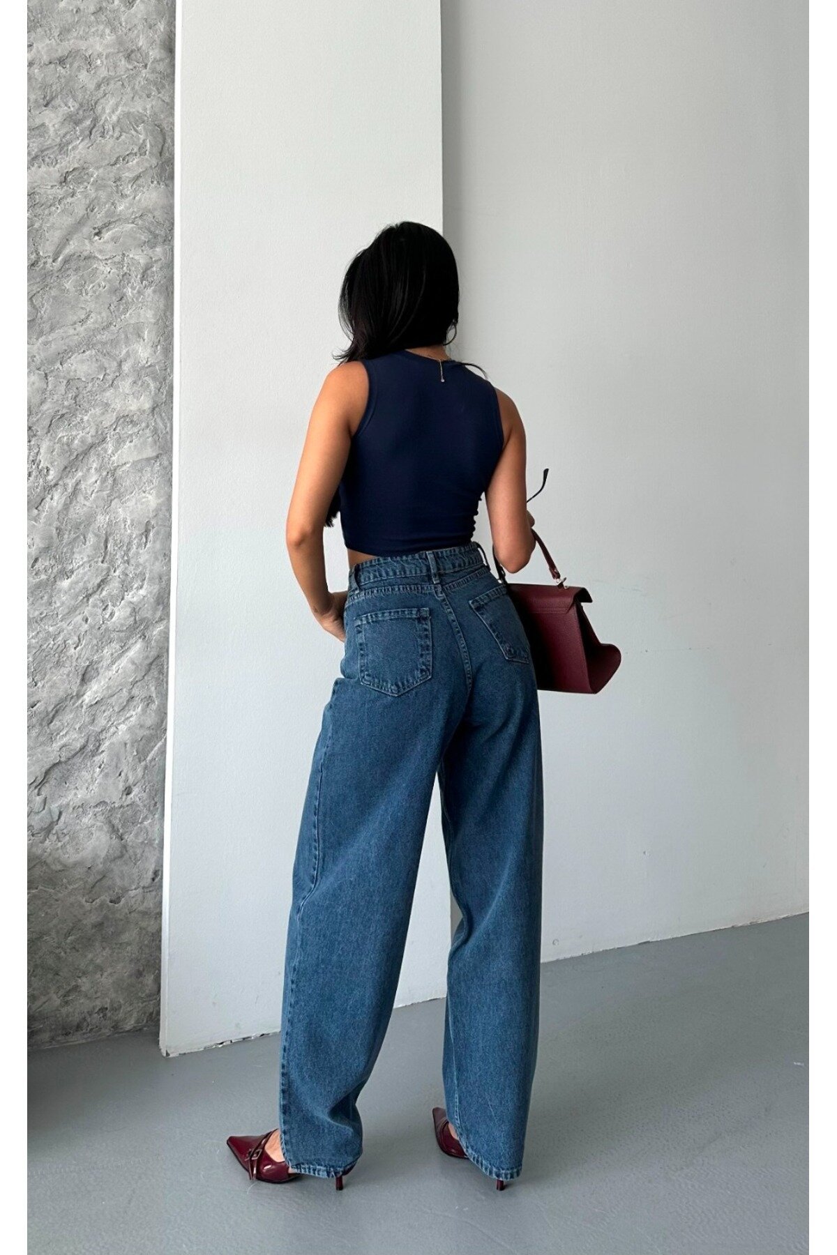 Lacivert Palazzo Denim Pantolon - Shirosa