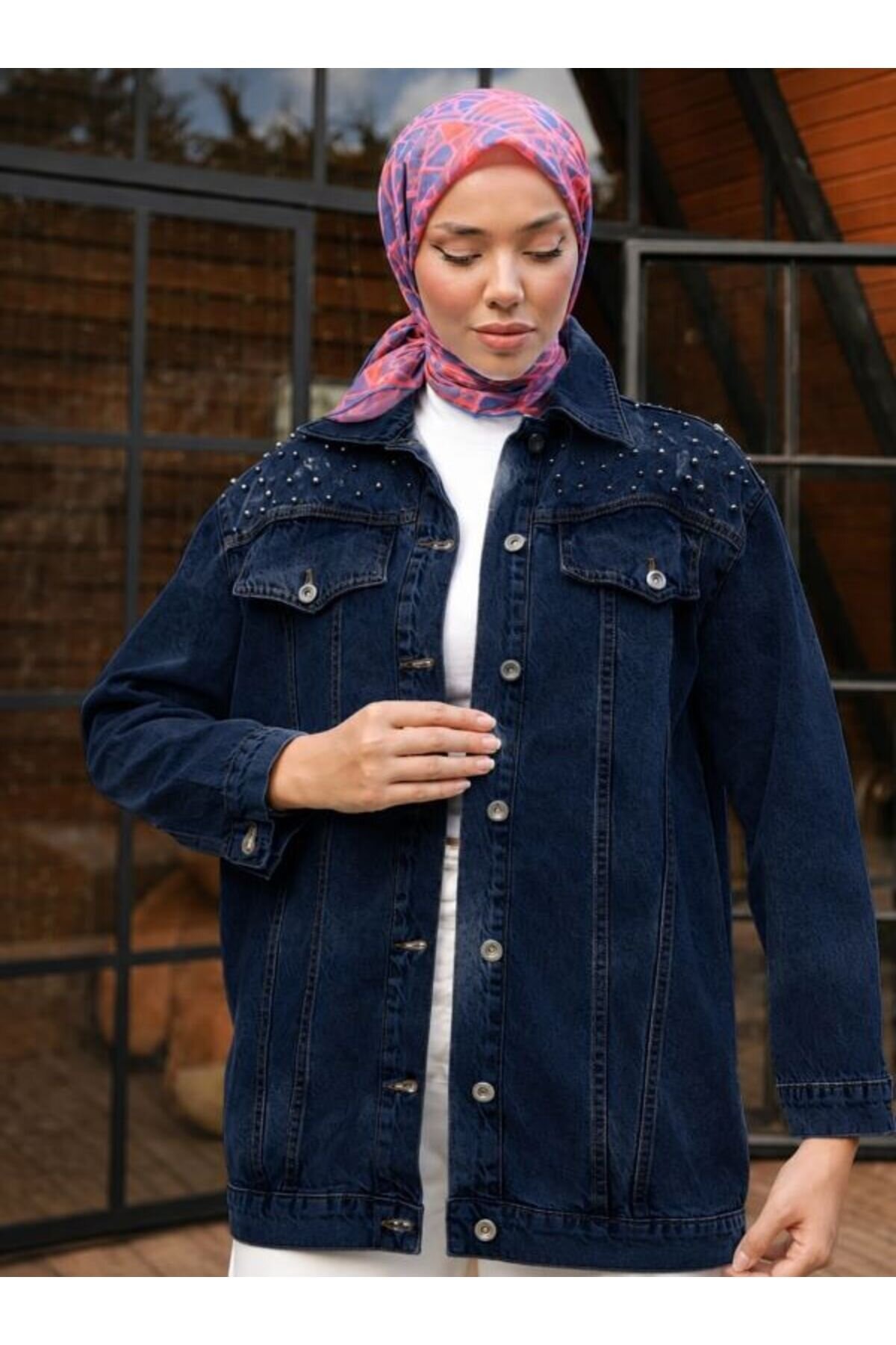 Lacivert Taş Detaylı Denim Ceket - Shirosa