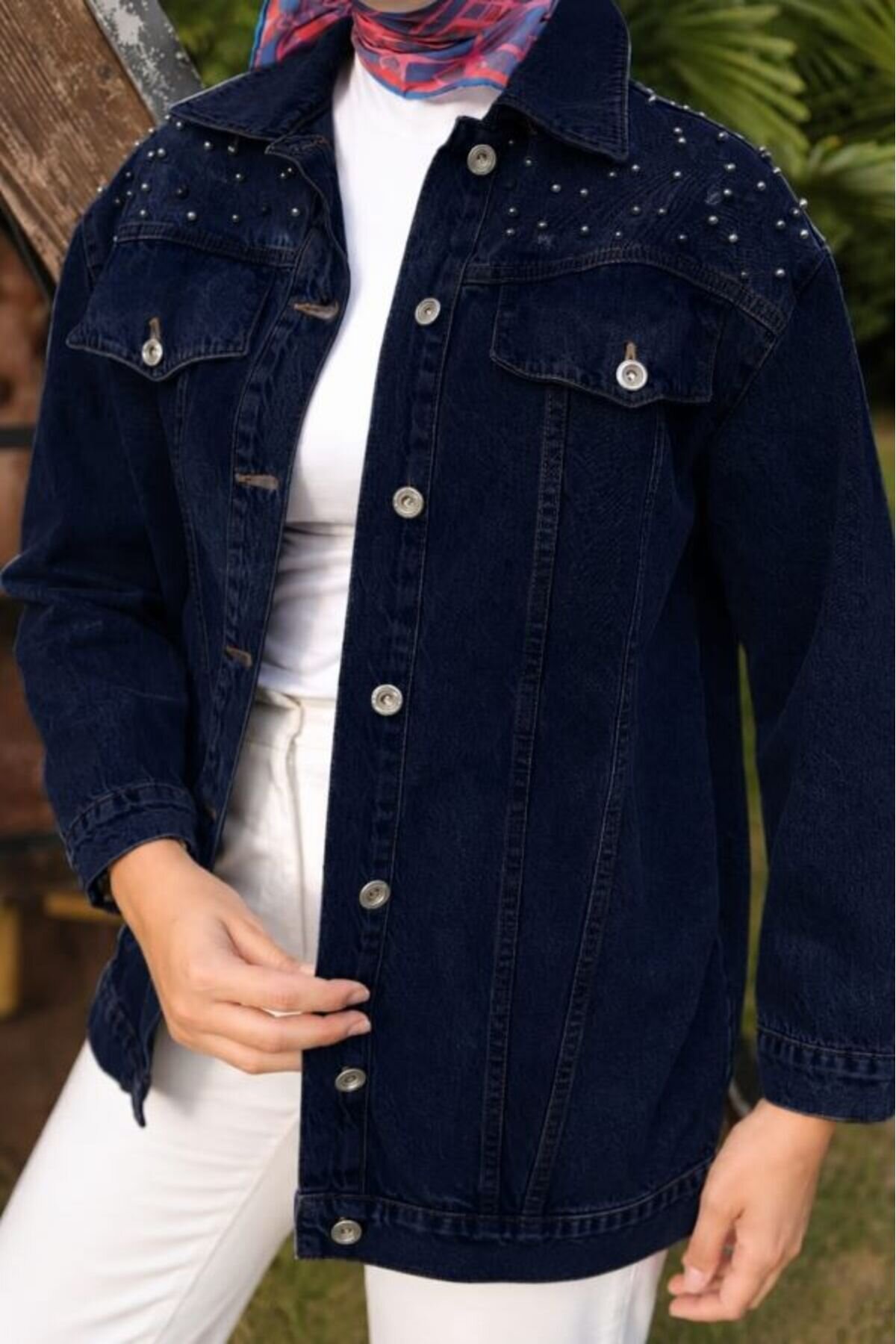 Lacivert Taş Detaylı Denim Ceket - Shirosa