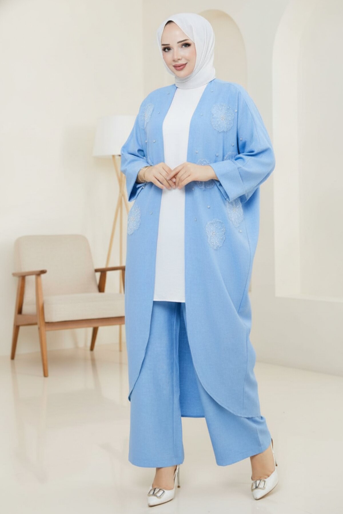 Mavi Çiçekli Boncuklu İkili Kimono Takım - Shirosa