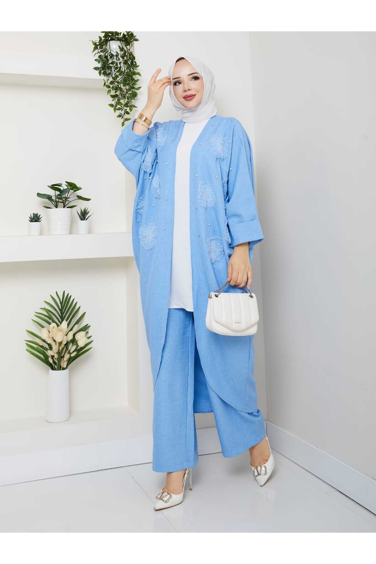 Mavi Çiçekli Boncuklu İkili Kimono Takım - Shirosa