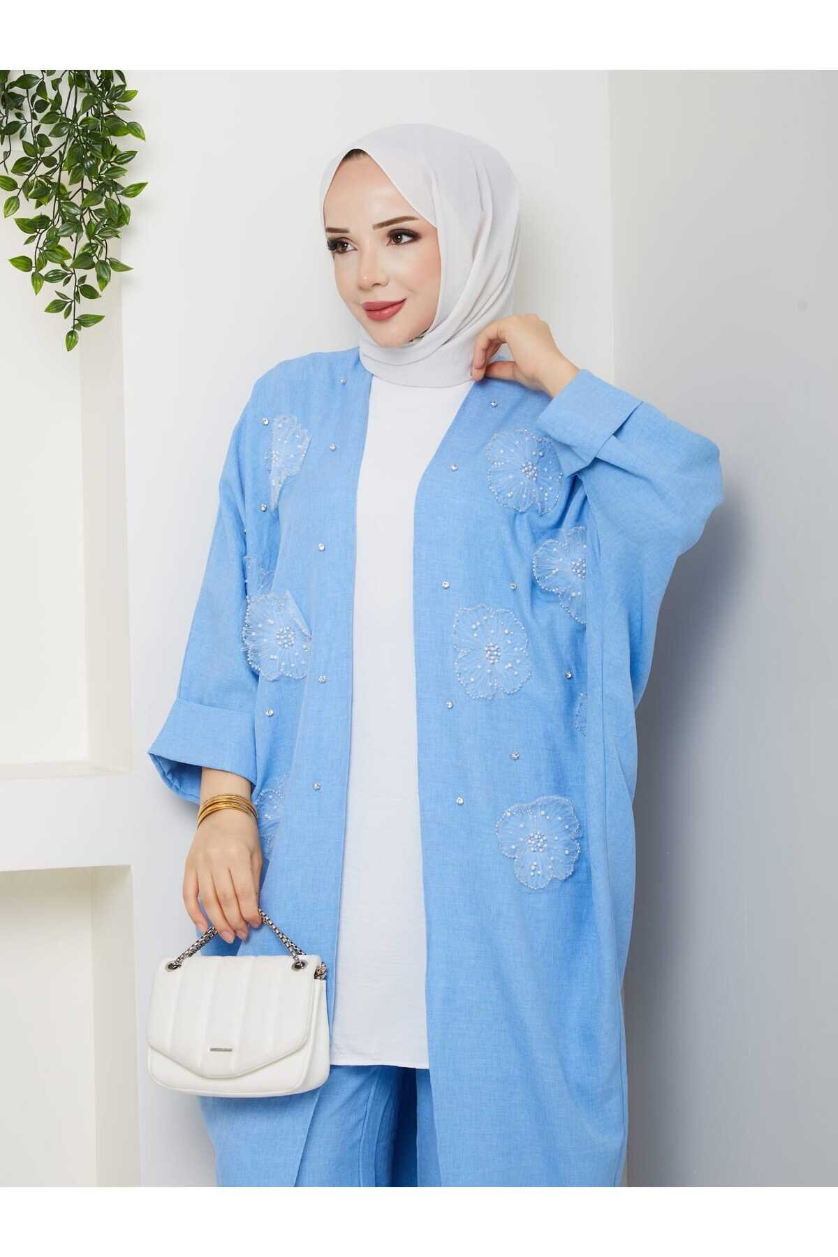 Mavi Çiçekli Boncuklu İkili Kimono Takım - Shirosa