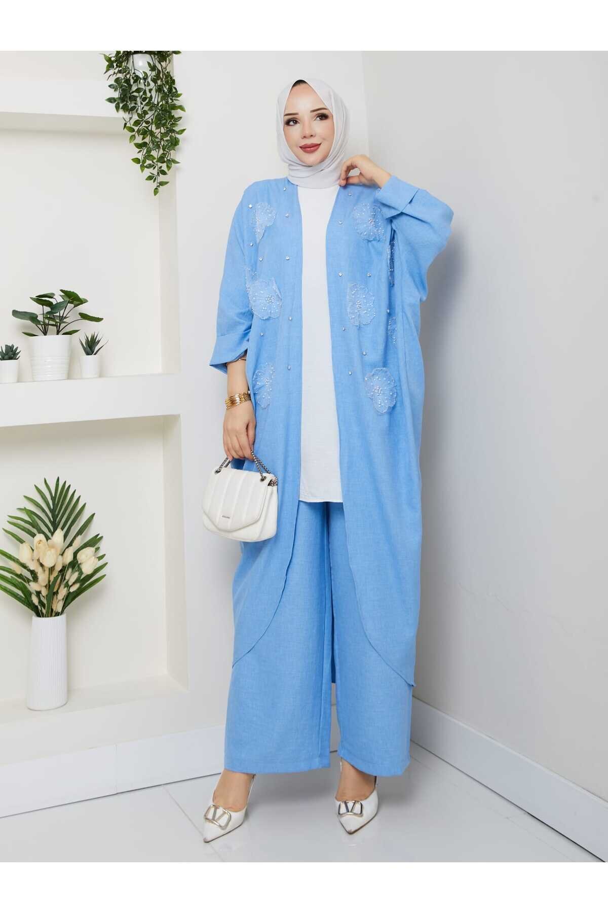 Mavi Çiçekli Boncuklu İkili Kimono Takım - Shirosa