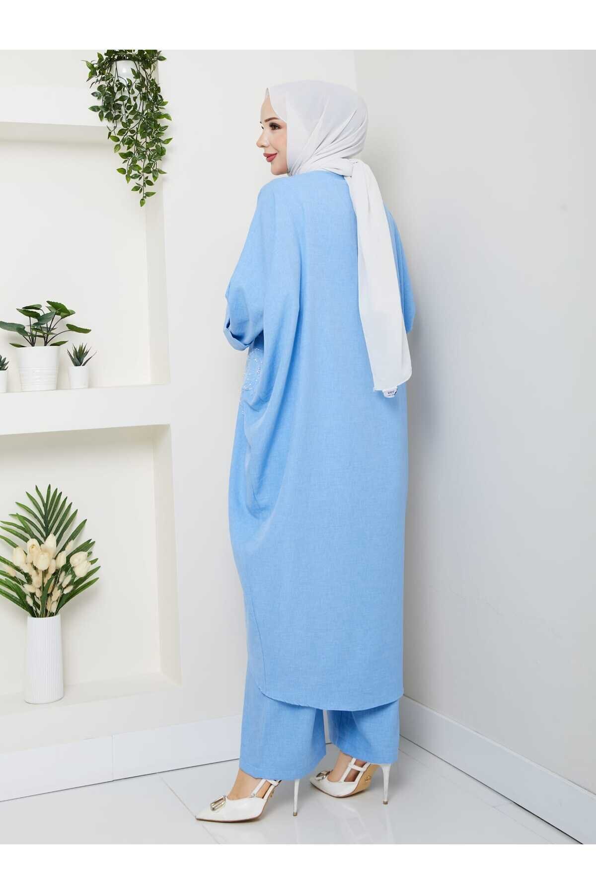 Mavi Çiçekli Boncuklu İkili Kimono Takım - Shirosa