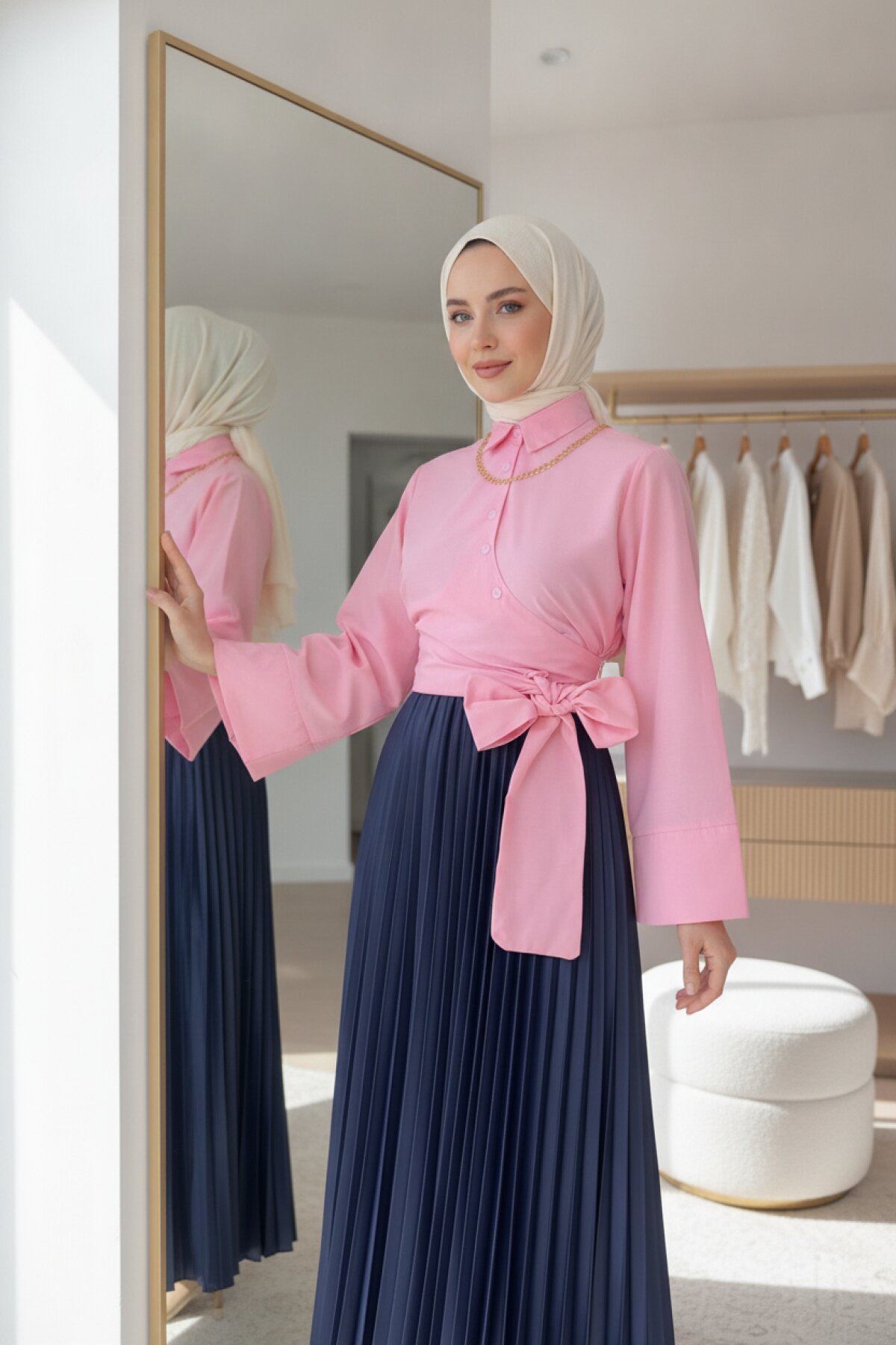 Pembe Asimetrik Fiyonk Detaylı Gömlek - Shirosa