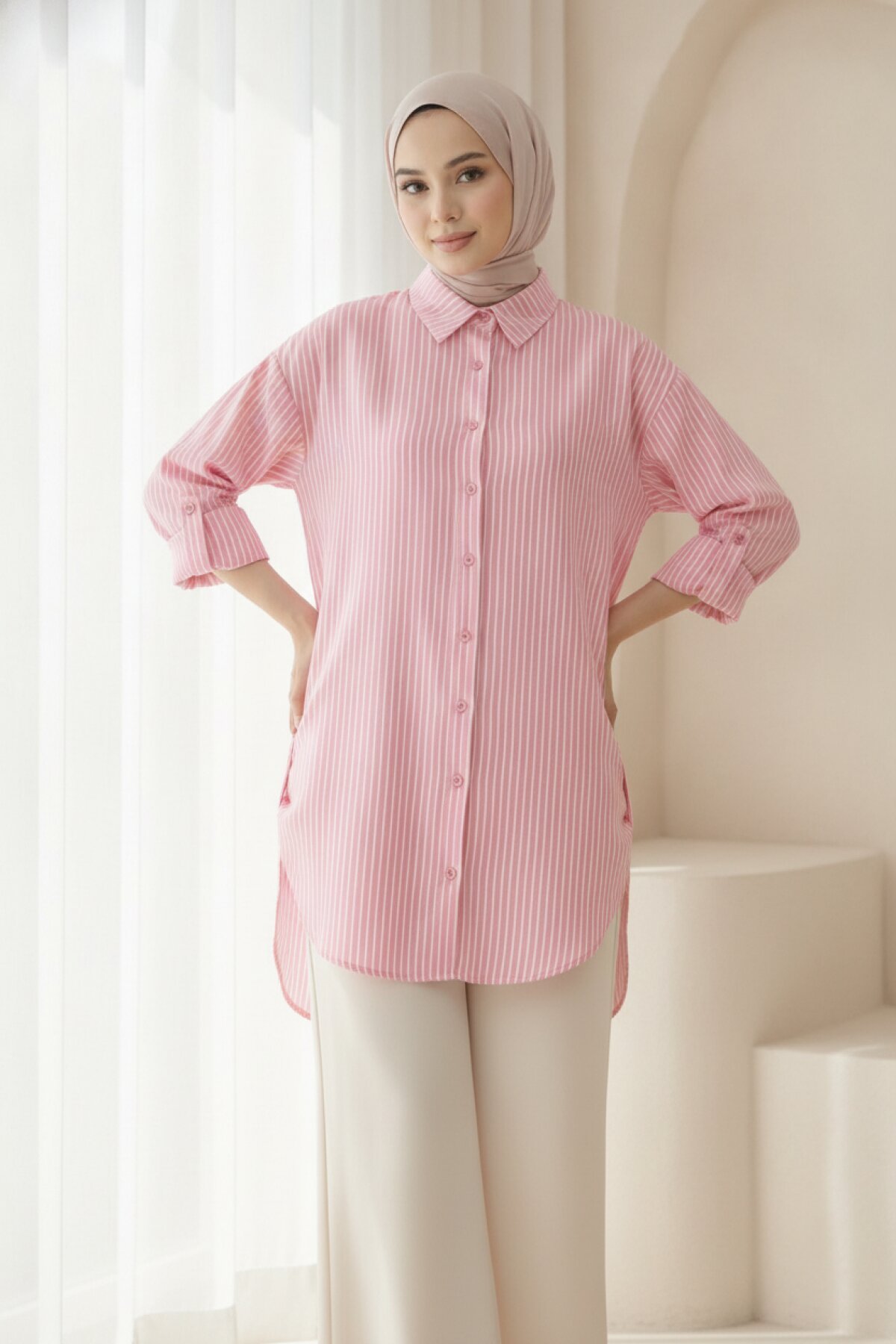Pembe Çizgili Apoletli Tunik - Shirosa