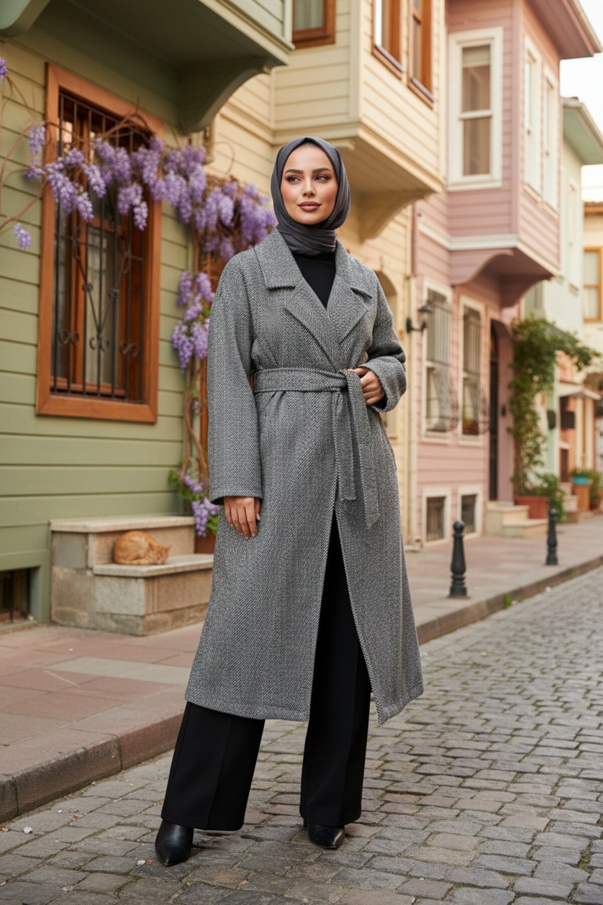 Siyah Balık Sırtı Desen Kaşe Kaban - Shirosa
