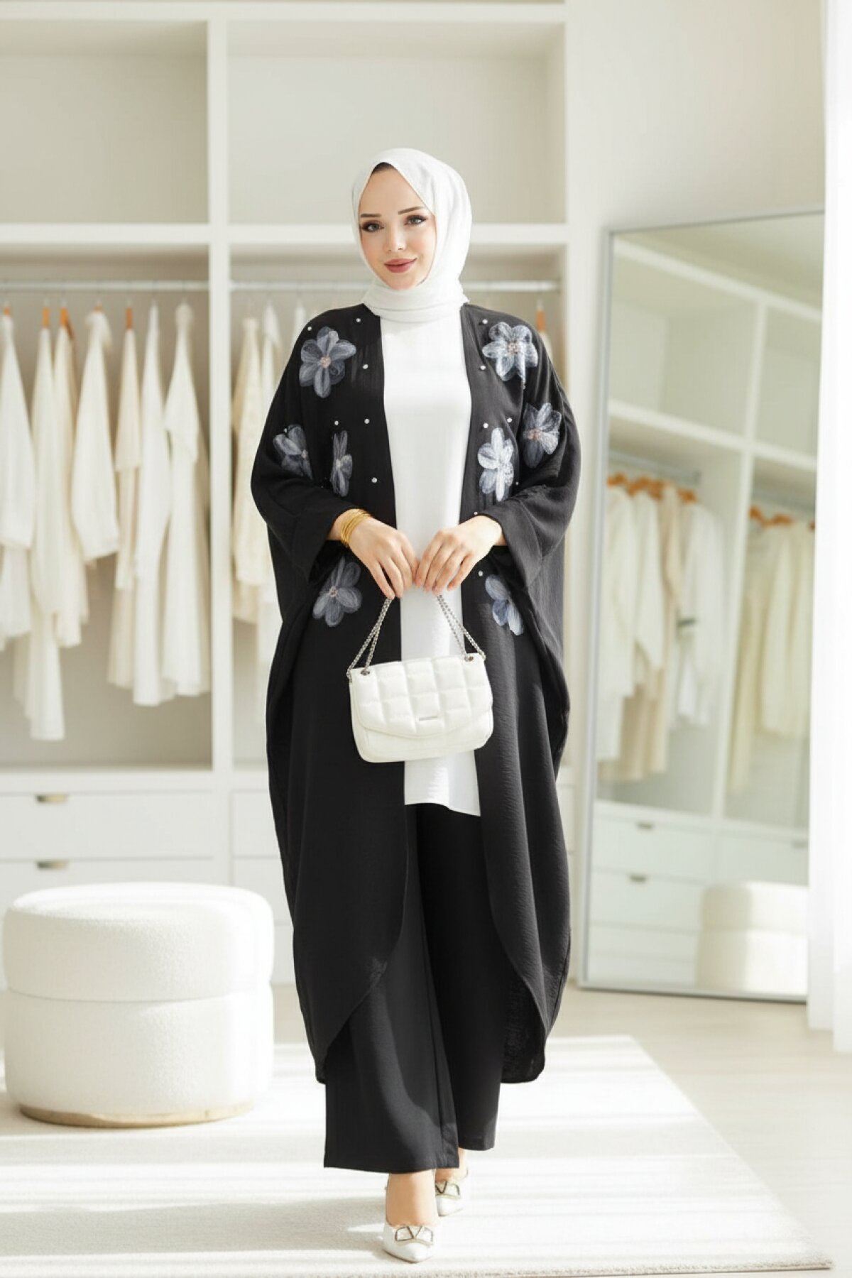 Siyah Çiçekli İkili Kimono Takım - Shirosa