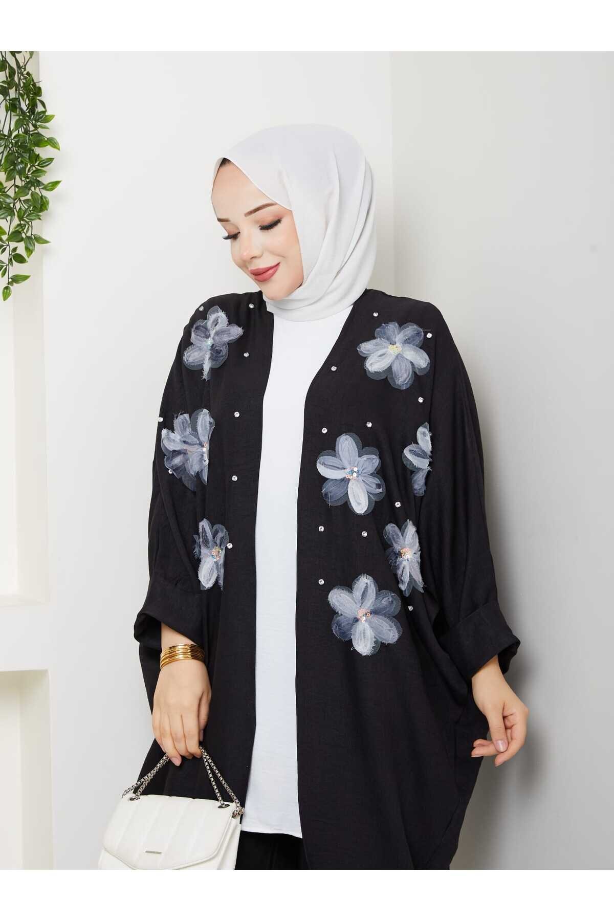 Siyah Çiçekli İkili Kimono Takım - Shirosa