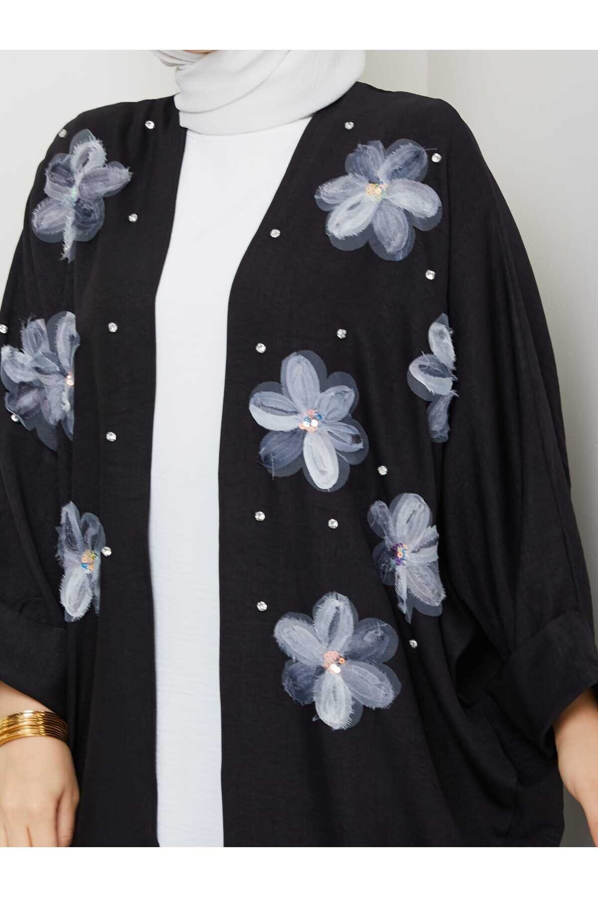 Siyah Çiçekli İkili Kimono Takım - Shirosa