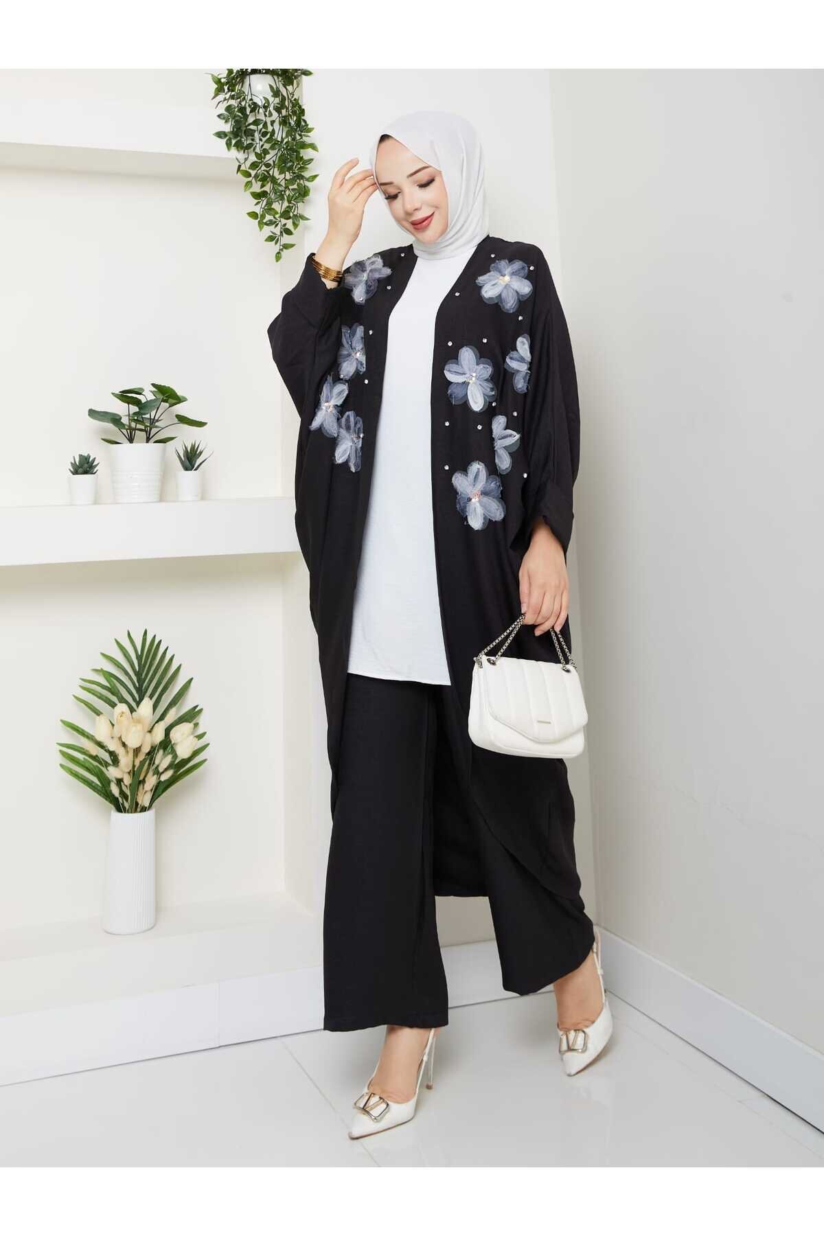 Siyah Çiçekli İkili Kimono Takım - Shirosa