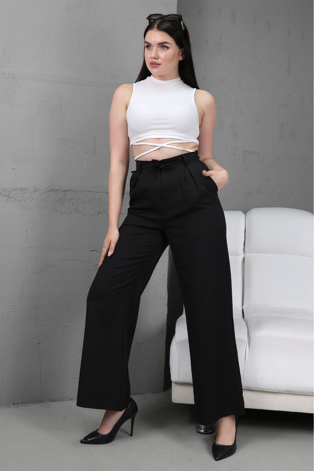 Siyah Palazzo Pileli Beli Bağlamalı Kumaş Pantolon - Shirosa