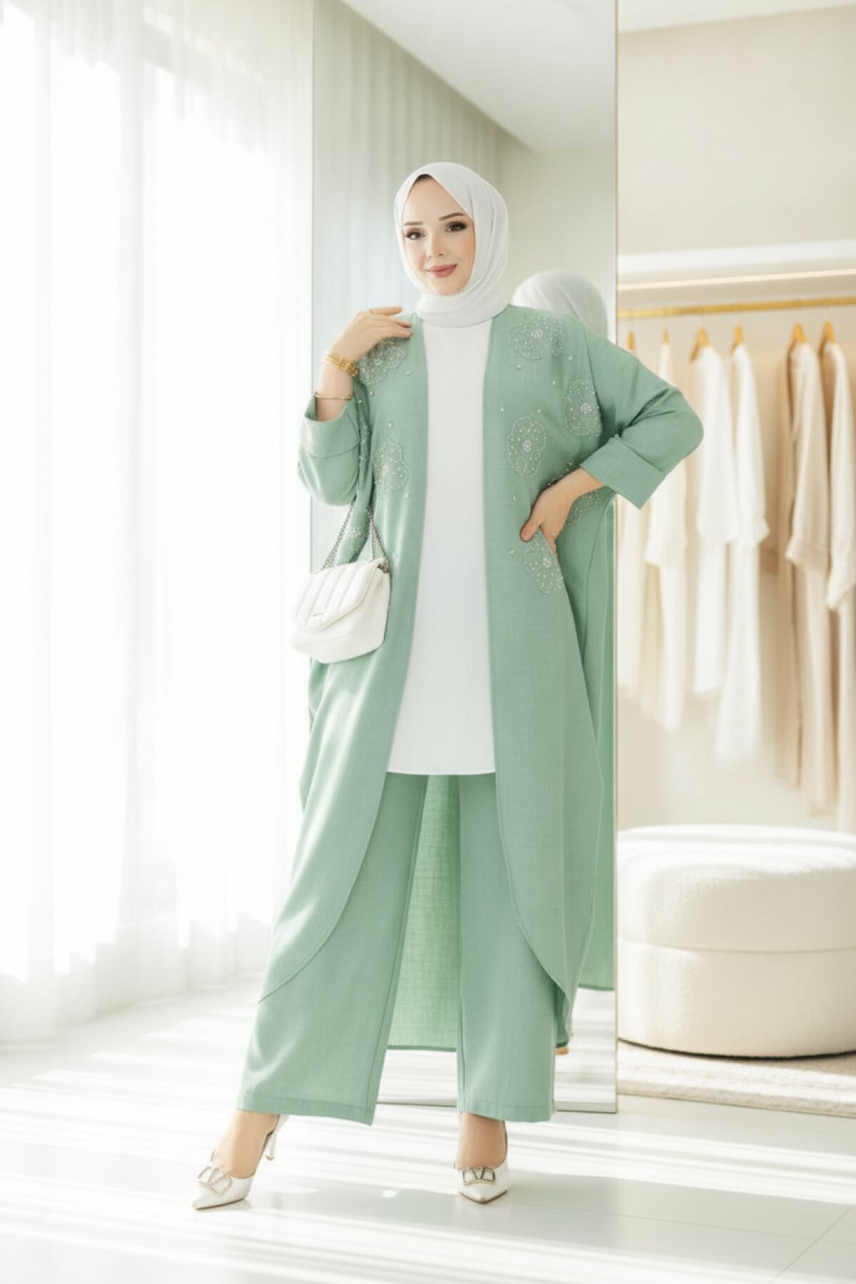Yeşil Çiçekli Boncuklu İkili Kimono Takım - Shirosa