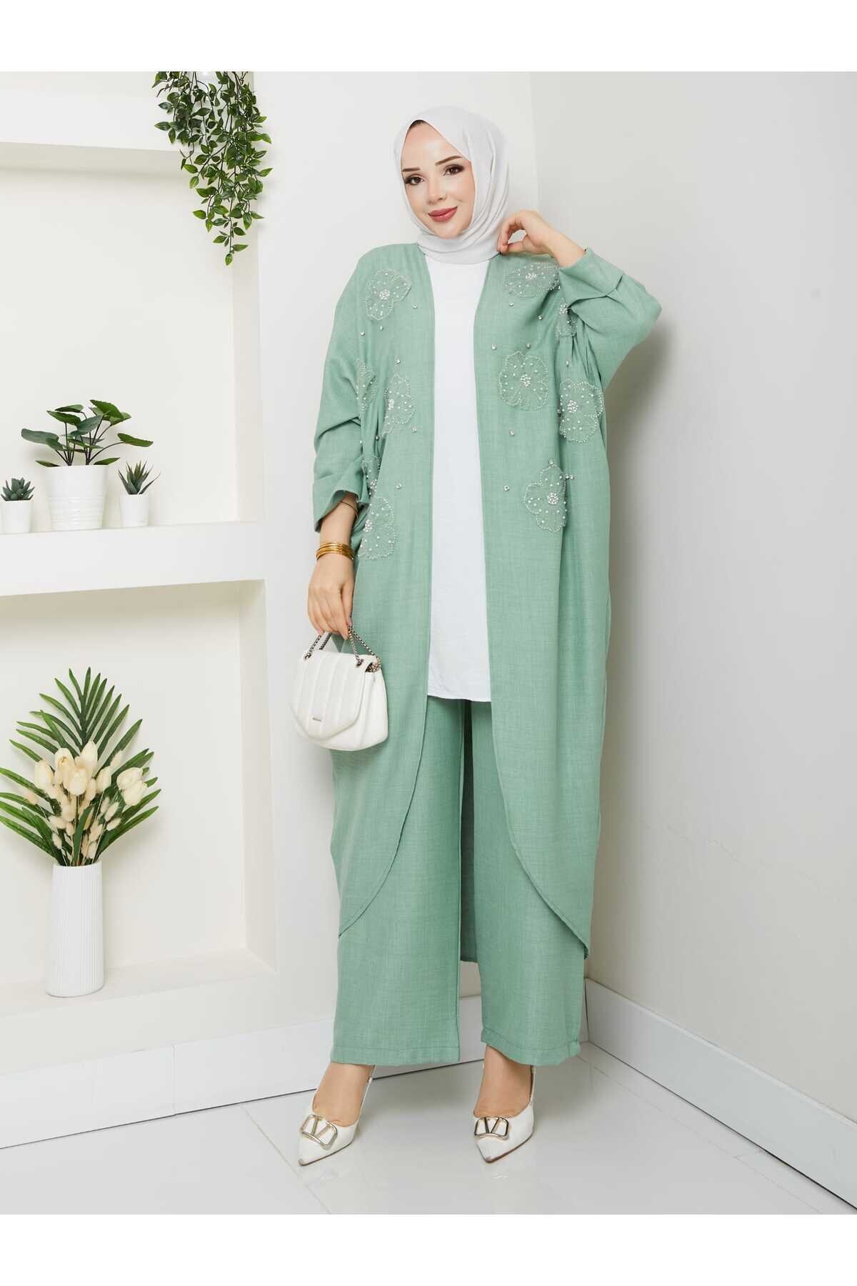 Yeşil Çiçekli Boncuklu İkili Kimono Takım - Shirosa