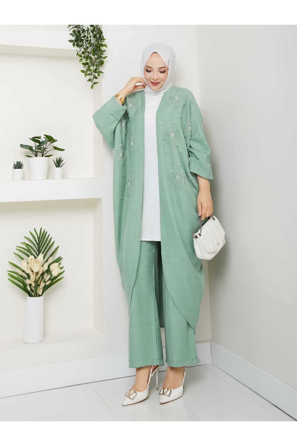 Yeşil Çiçekli Boncuklu İkili Kimono Takım - Shirosa