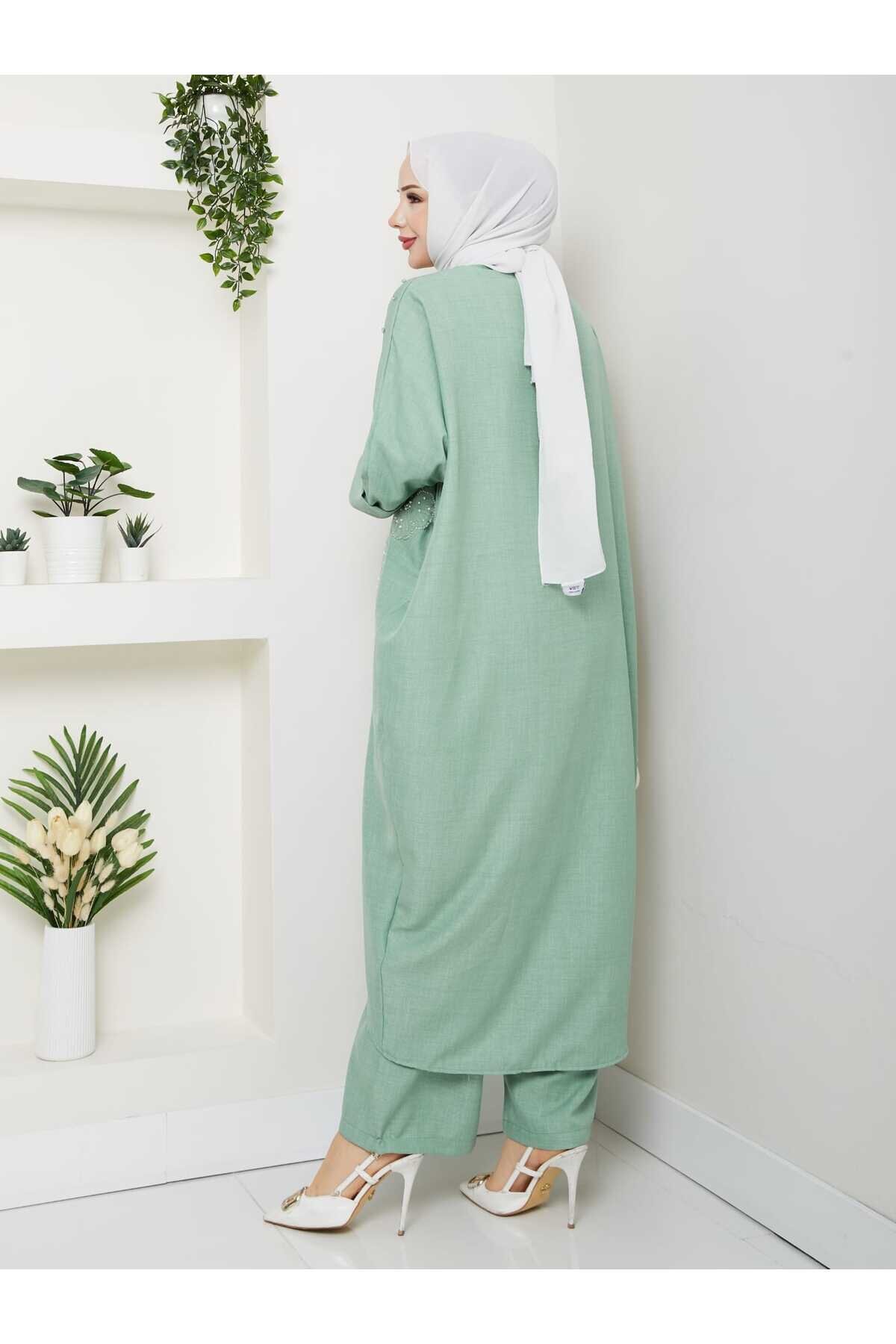 Yeşil Çiçekli Boncuklu İkili Kimono Takım - Shirosa