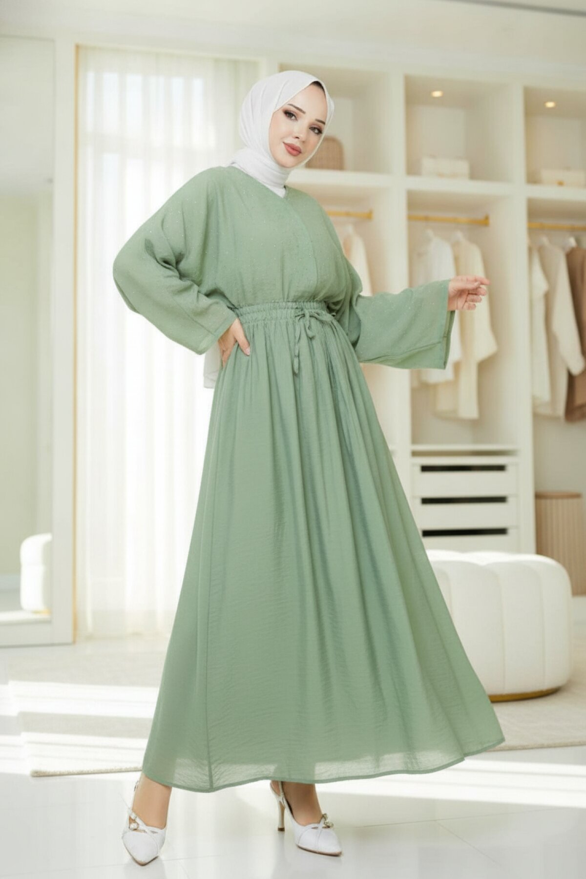 Stone-Detail Modest Co-ord Set - Green - Shirosa