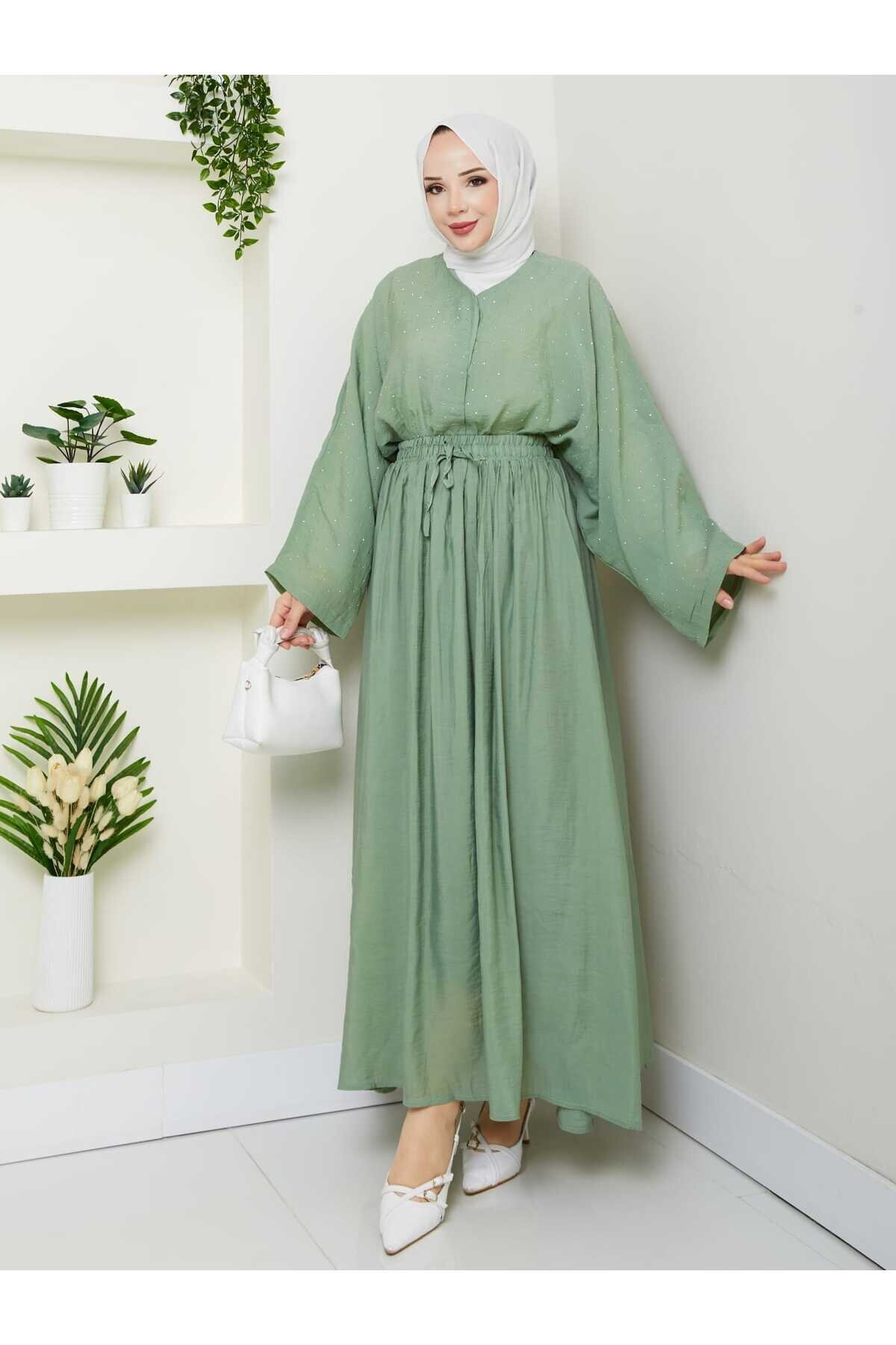 Stone-Detail Modest Co-ord Set - Green - Shirosa
