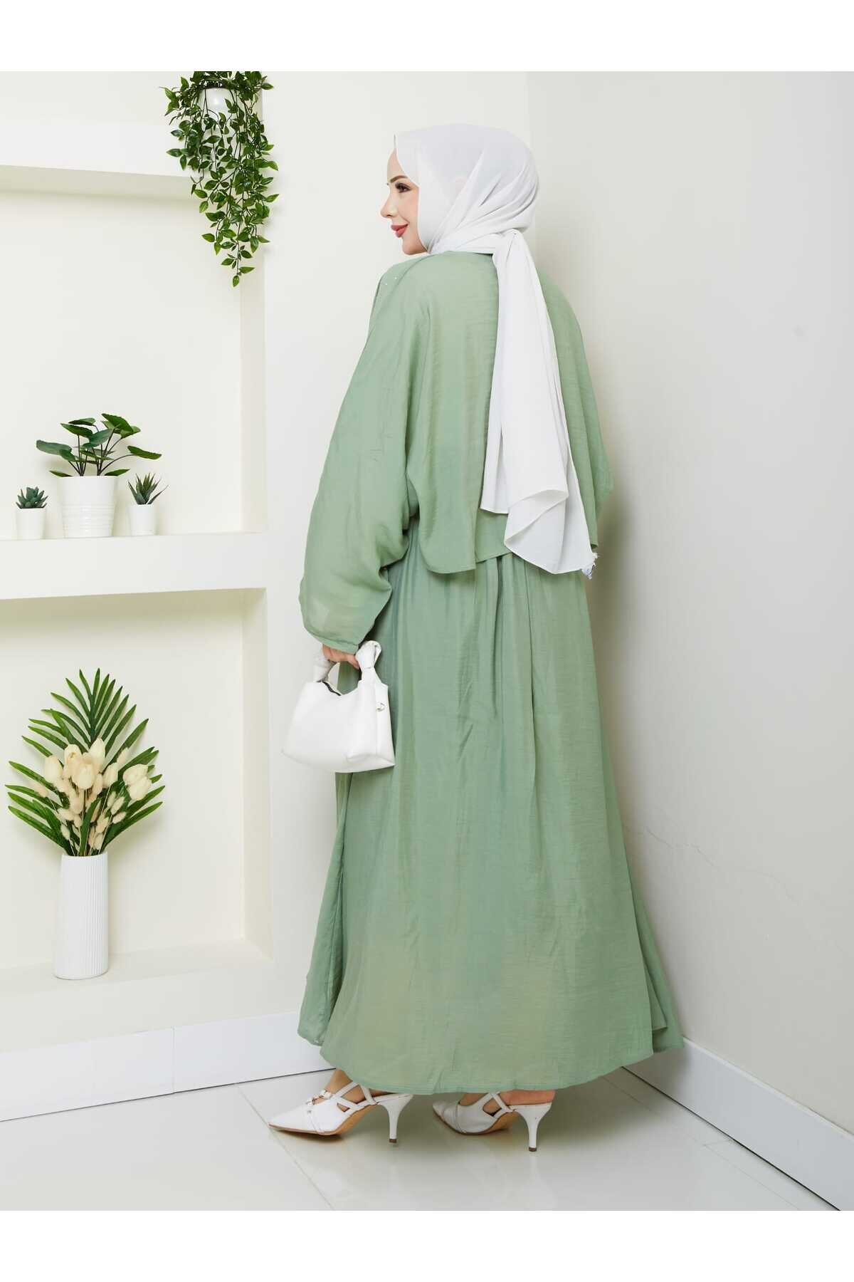 Stone-Detail Modest Co-ord Set - Green - Shirosa