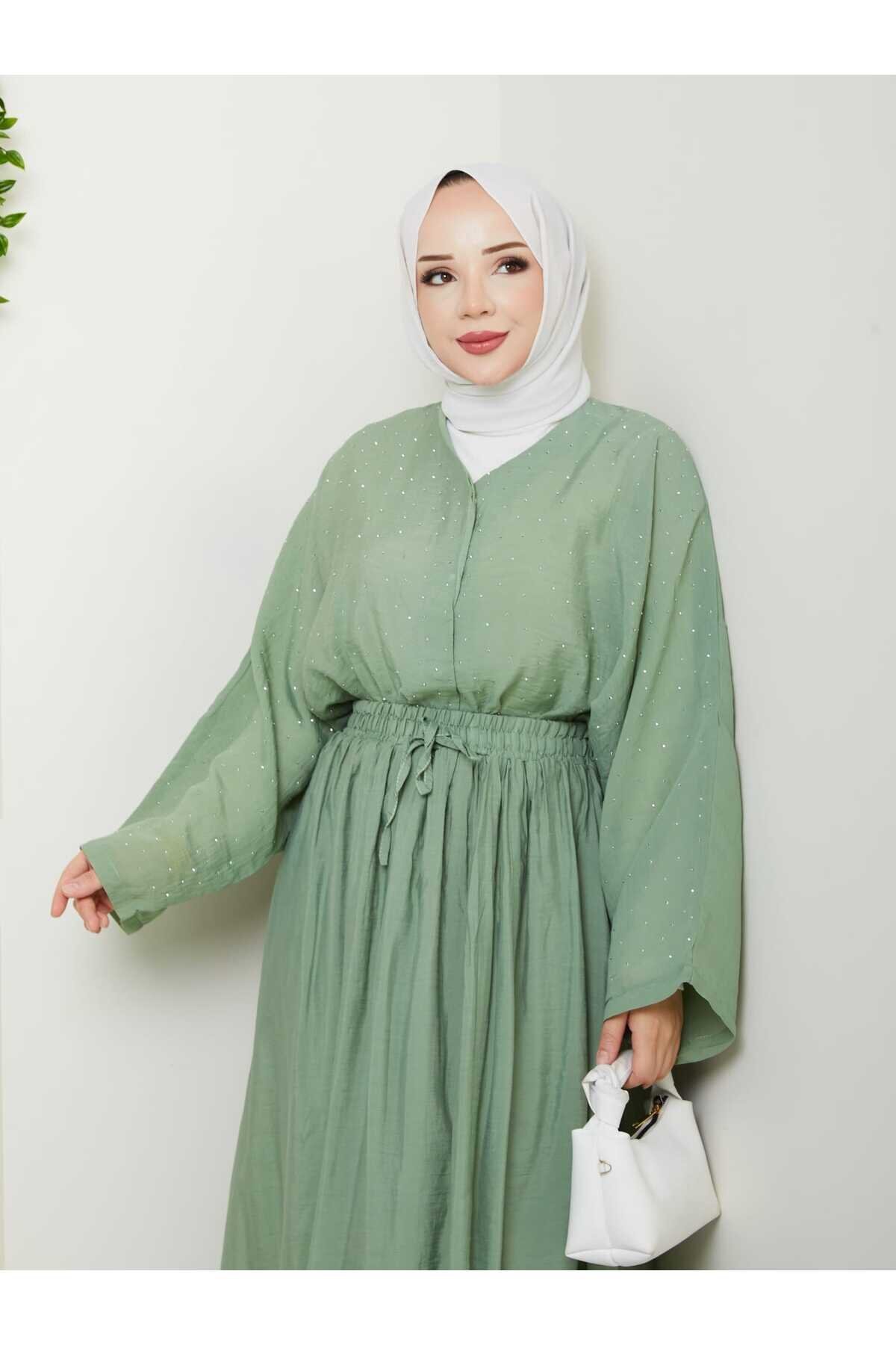 Stone-Detail Modest Co-ord Set - Green - Shirosa