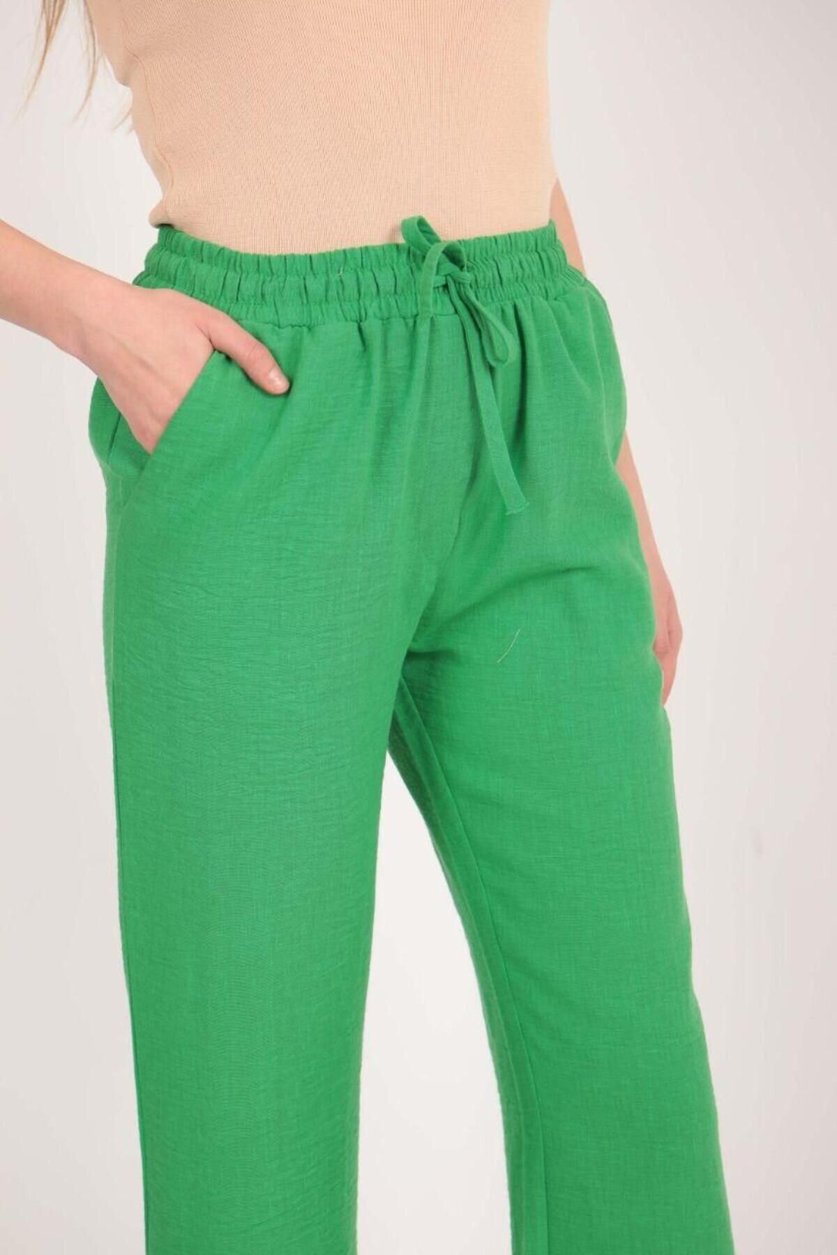 Yeşil Keten Bağcıklı Pantolon - Shirosa