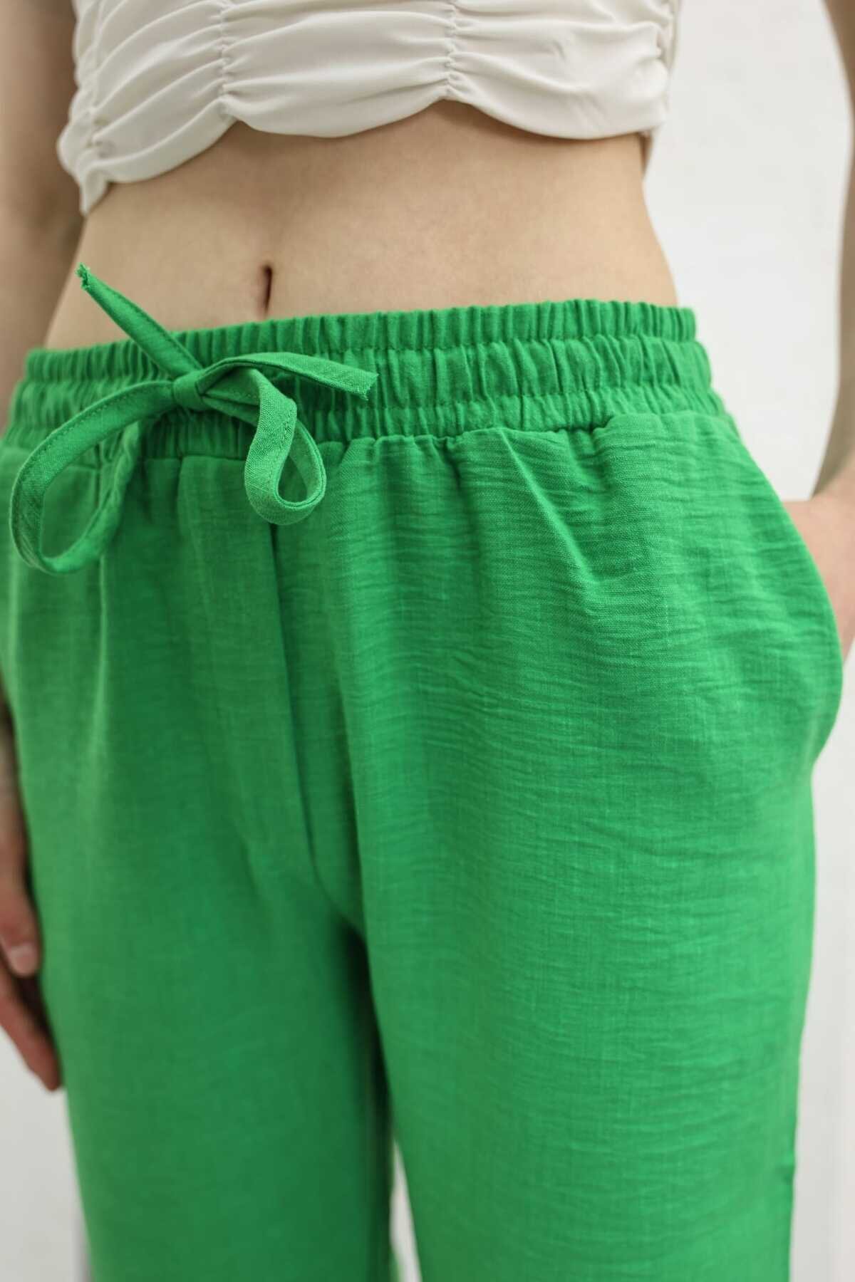 Yeşil Keten Bağcıklı Pantolon - Shirosa