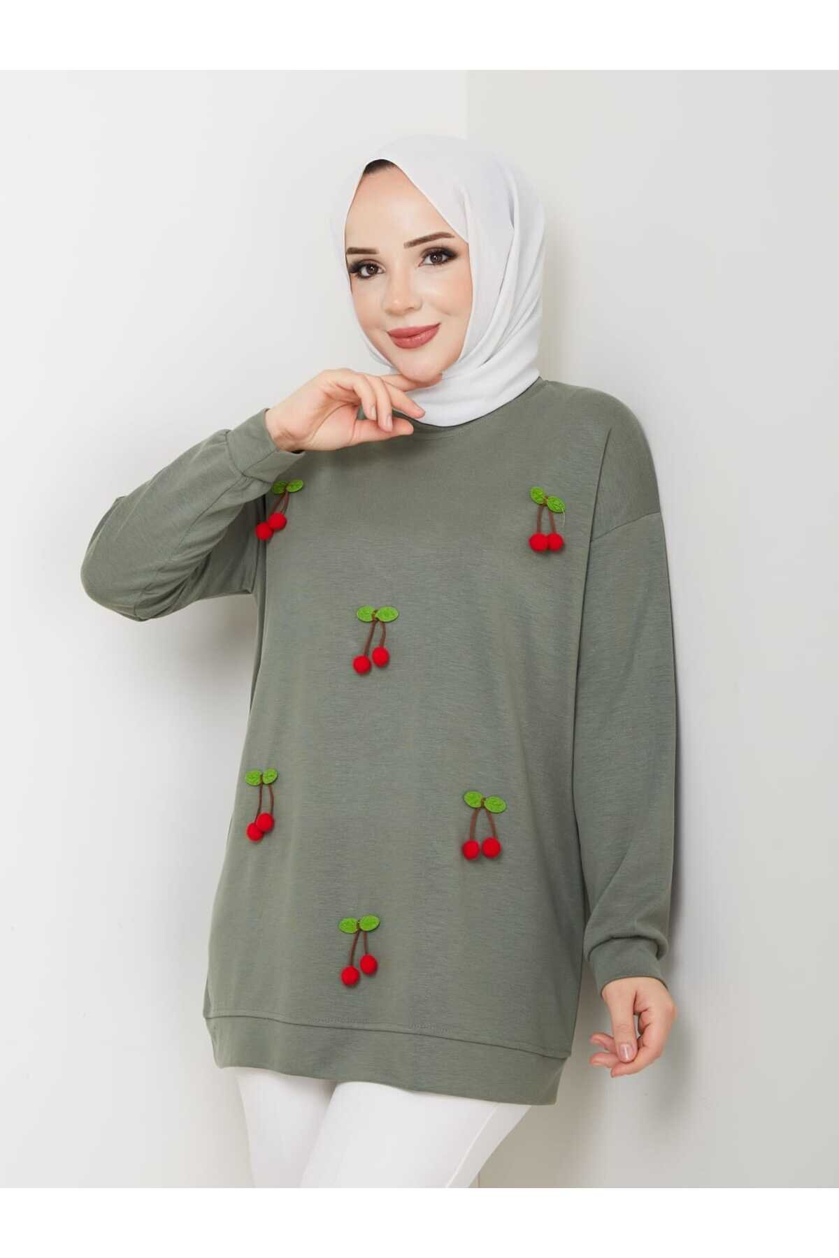 Yeşil Kiraz Desenli İki İplik Tunik - Shirosa