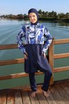 Lacivert Blue Motion Tam Kapalı Croplu Pantolonlu Mayo