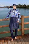 Lacivert Blue Motion Tam Kapalı Croplu Pantolonlu Mayo