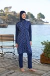Lacivert Geometrik Desenli Tam Kapalı Fermuarlı Mayo