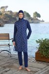 Lacivert Geometrik Desenli Tam Kapalı Fermuarlı Mayo